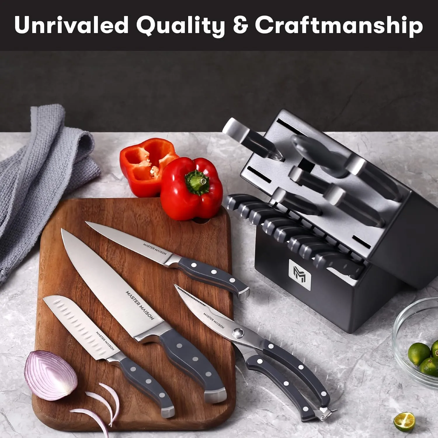 Master Maison 19-Piece Kitchen Knife Set with Wooden Block and Knife Sharpener - Stainless Steel Cutlery Set in Block - Professional Master Maison Kitchen Knives Sets (Gray)