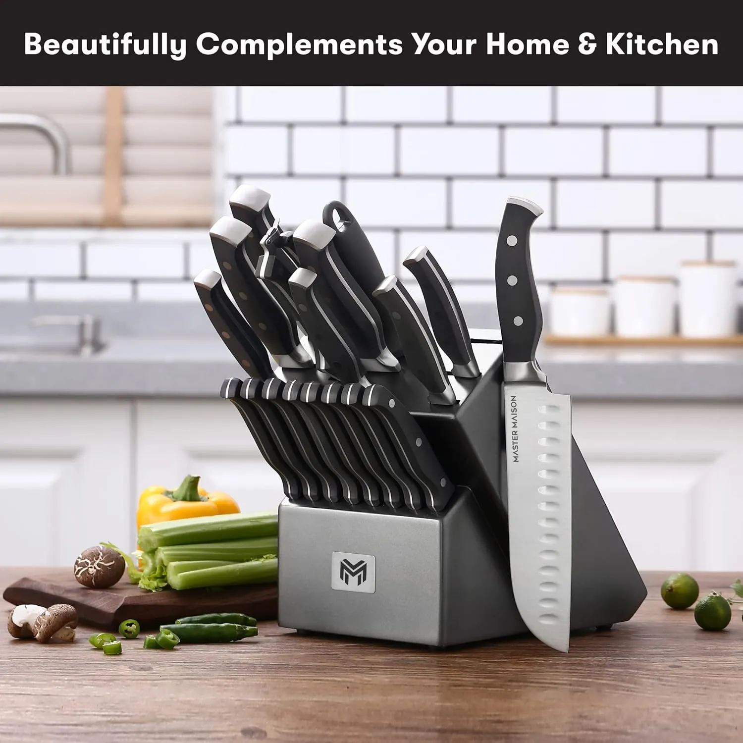 Master Maison 19-Piece Kitchen Knife Set with Wooden Block and Knife Sharpener - Stainless Steel Cutlery Set in Block - Professional Master Maison Kitchen Knives Sets (Gray)