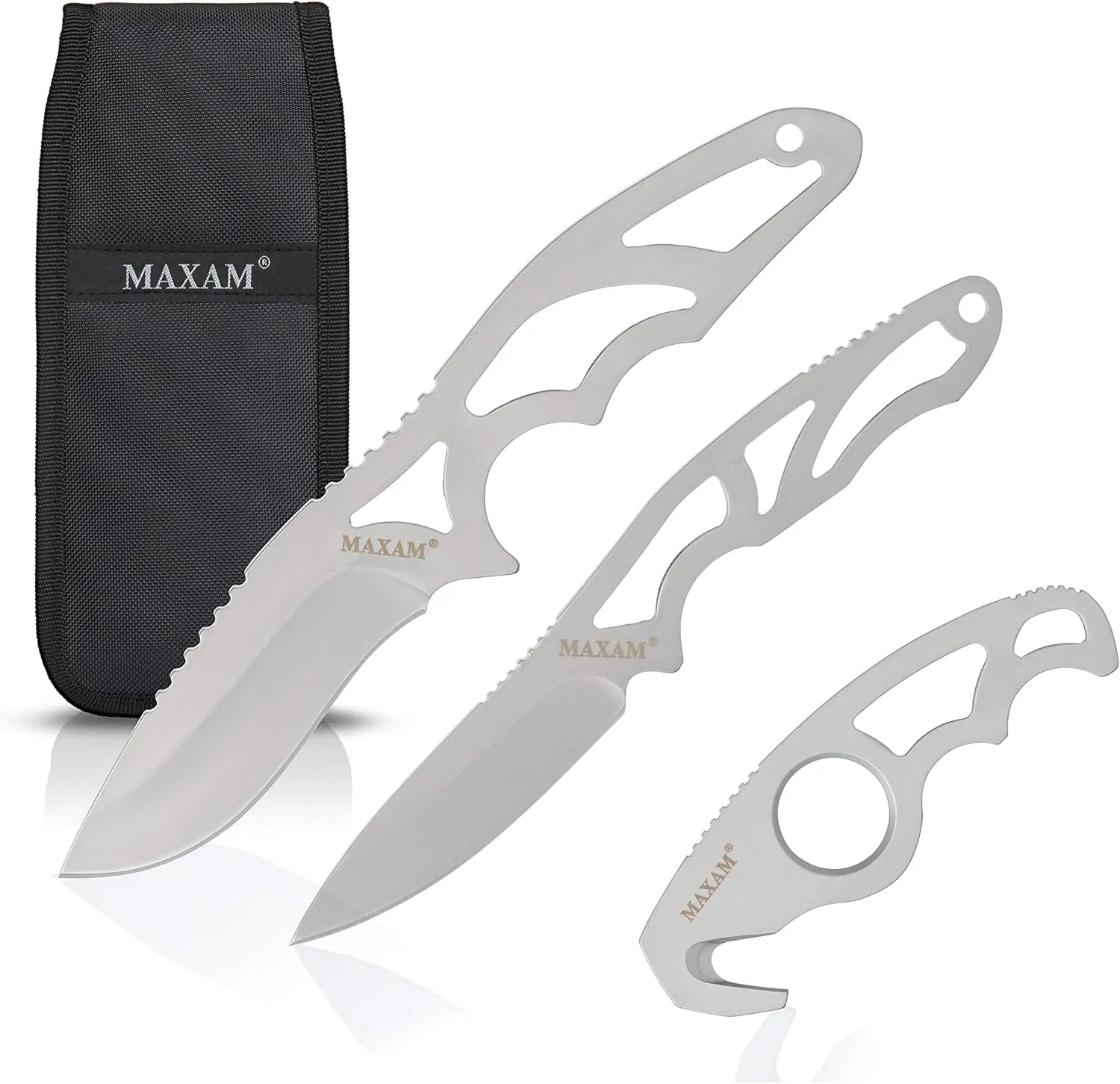 Maxam 3-Piece Field Dressing Kit - 8" Skinning, 6 3/4" Caping, 5" Gut Hook Knives - 1680d Nylon Sheath With Storage Pocket - Stainless Steel Handles & Blades