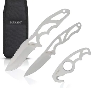 Maxam 3-Piece Field Dressing Kit - 8" Skinning, 6 3/4" Caping, 5" Gut Hook Knives - 1680d Nylon Sheath With Storage Pocket - Stainless Steel Handles & Blades