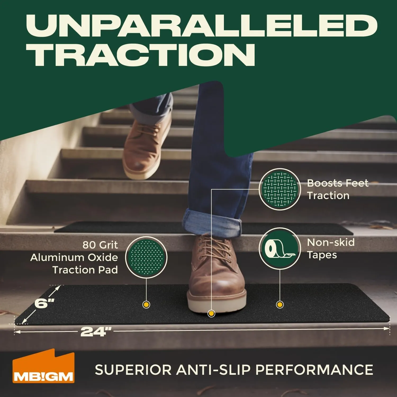 MBIGM 8-Pack 24" X 6" Pre-Cut Stair Treads 80 Grit Non-Slip Outdoor Tape Black Heavy Duty Anti Slip Traction Adhesive Strips