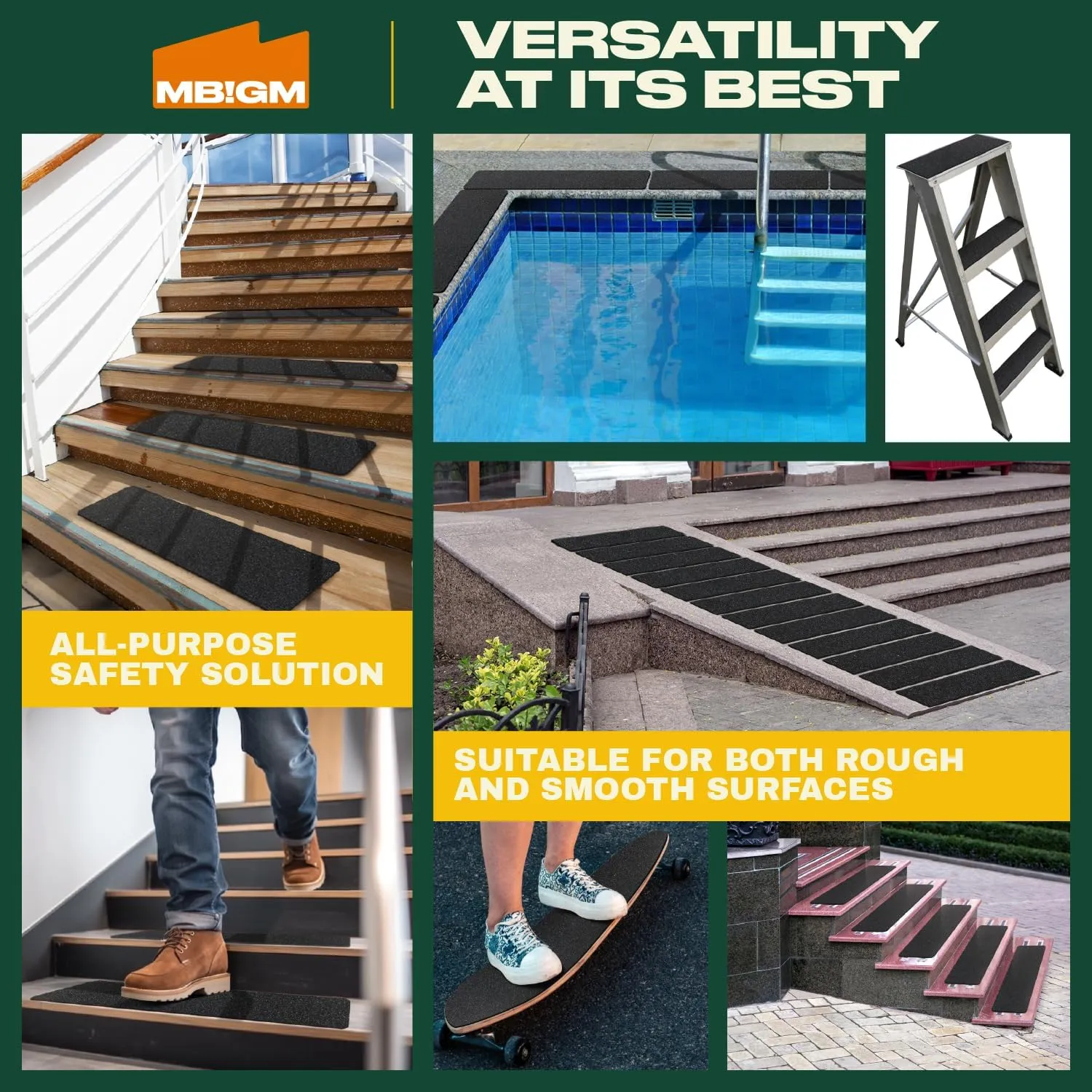 MBIGM 8-Pack 24" X 6" Pre-Cut Stair Treads 80 Grit Non-Slip Outdoor Tape Black Heavy Duty Anti Slip Traction Adhesive Strips