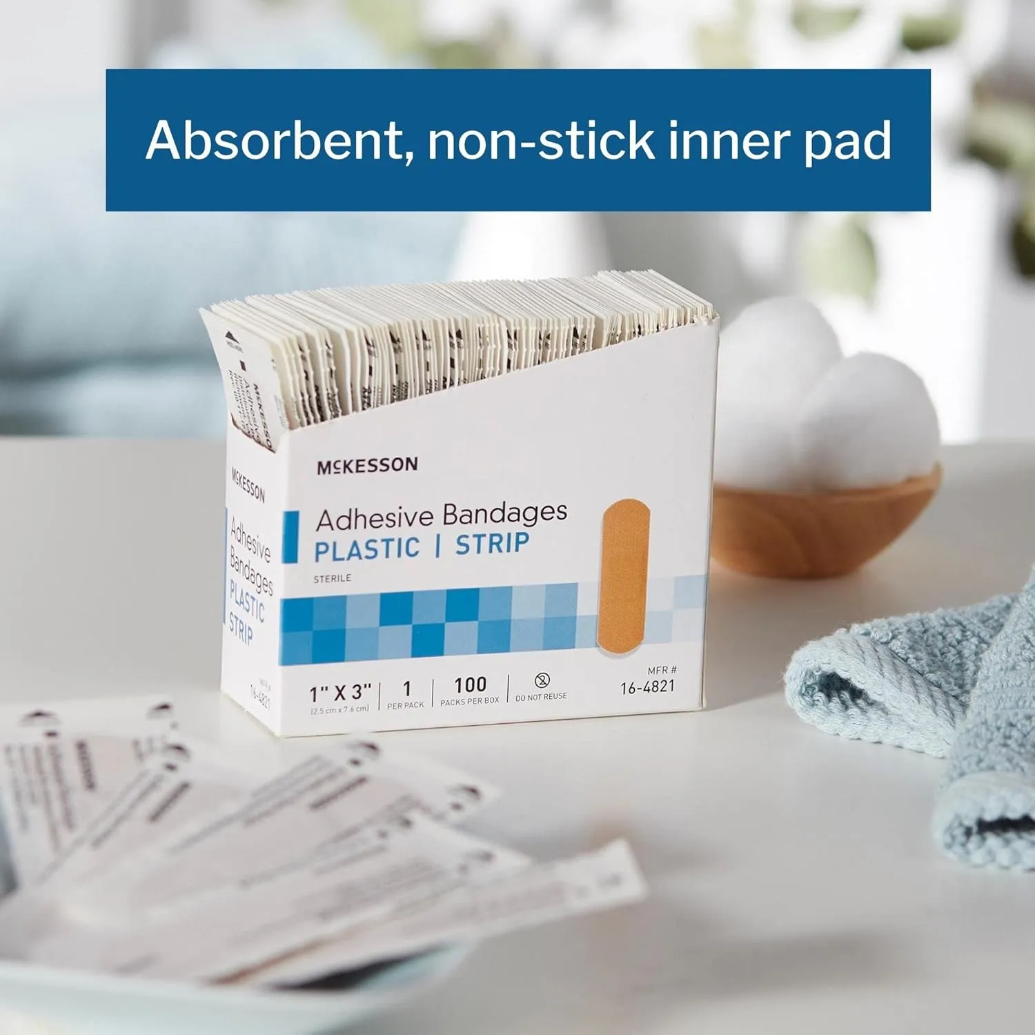 McKesson Adhesive Bandages, Sterile, Plastic Strip, 1 in x 3 in, 100 Count, 6 Packs, 600 Total