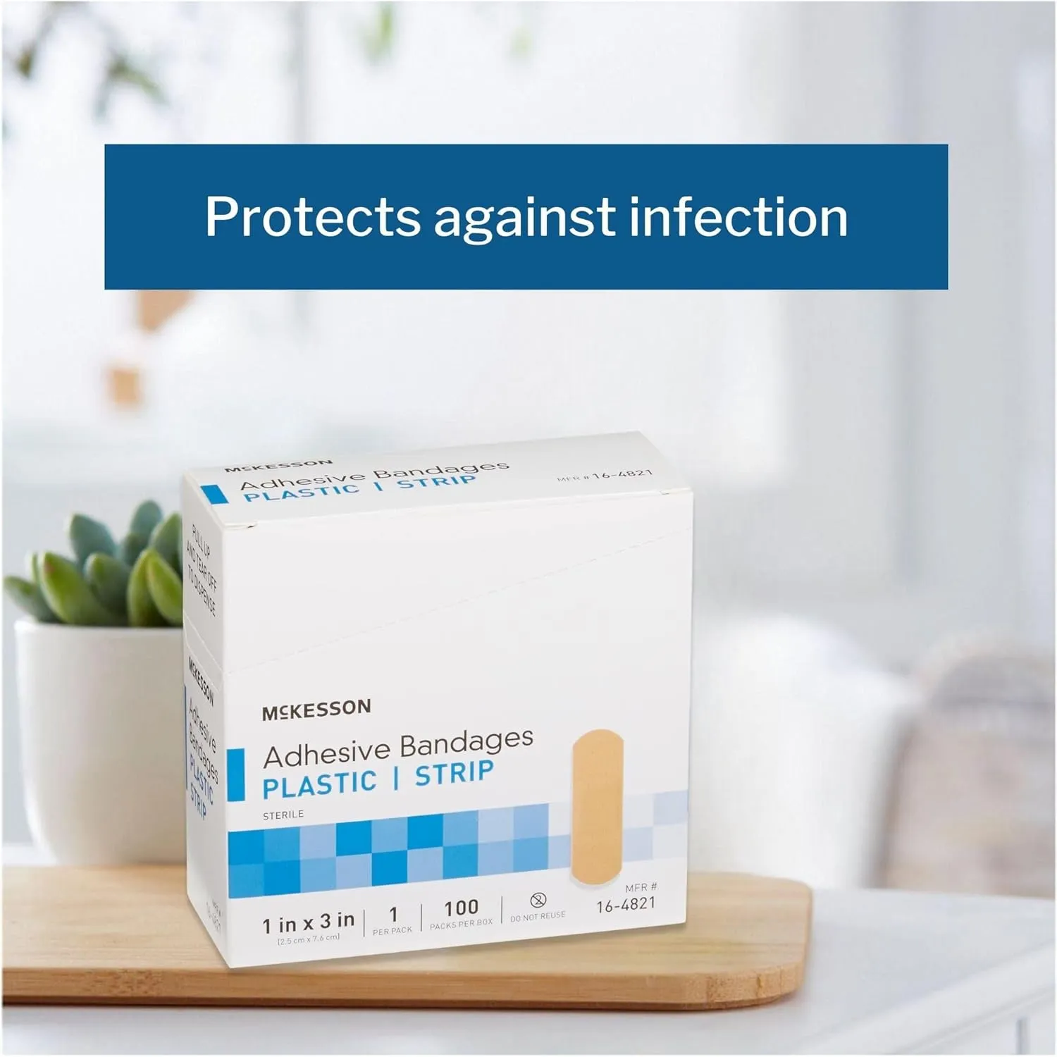 McKesson Adhesive Bandages, Sterile, Plastic Strip, 1 in x 3 in, 100 Count, 6 Packs, 600 Total