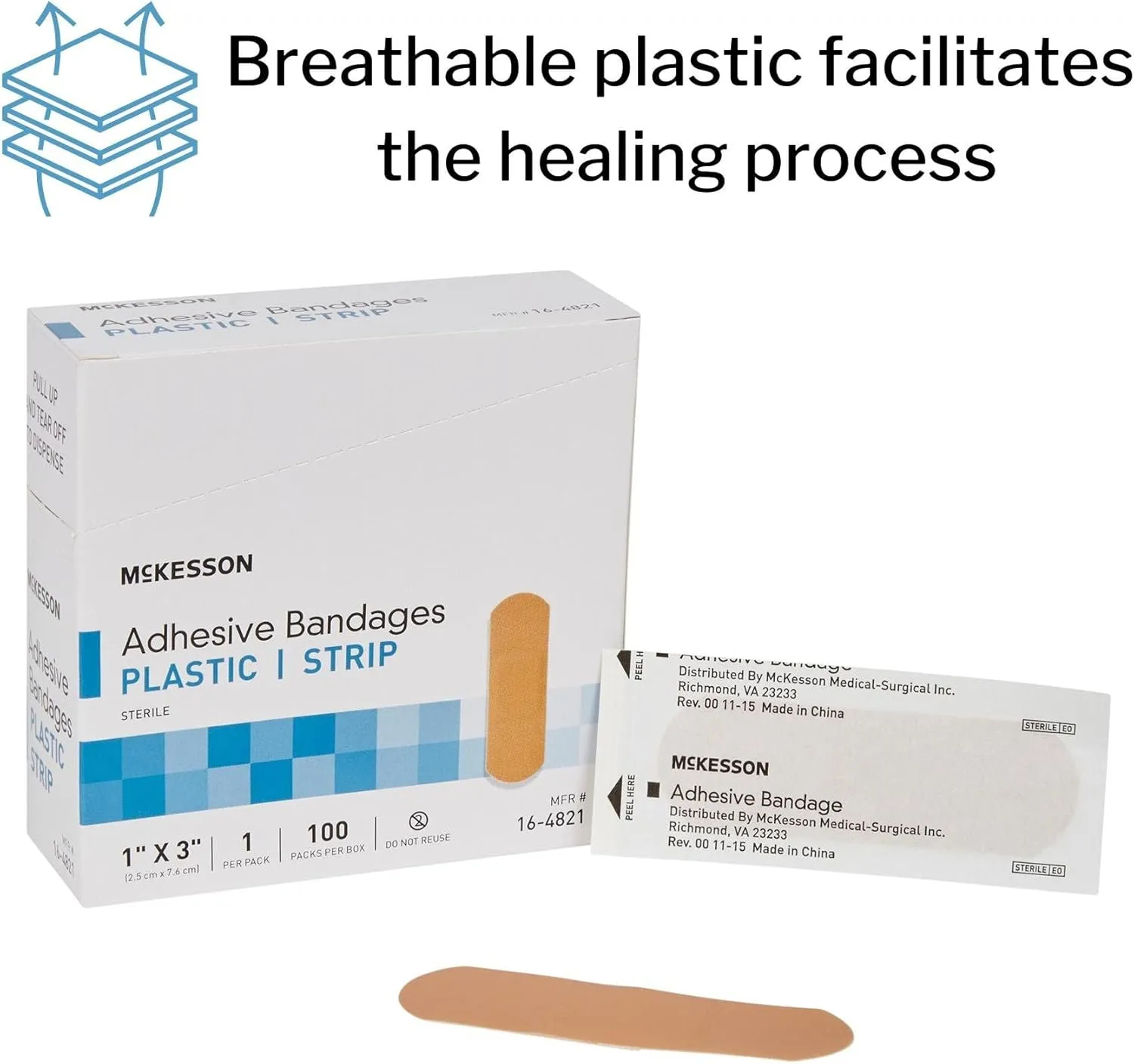 McKesson Adhesive Bandages, Sterile, Plastic Strip, 1 in x 3 in, 100 Count, 6 Packs, 600 Total