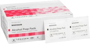 McKesson Alcohol Prep Pads [Pack of 4000] 70% Isopropyl, Individually Wrapped Wipes, Sterile, Medical-Grade, First Aid, Medium, 200 Count, 20 Boxes