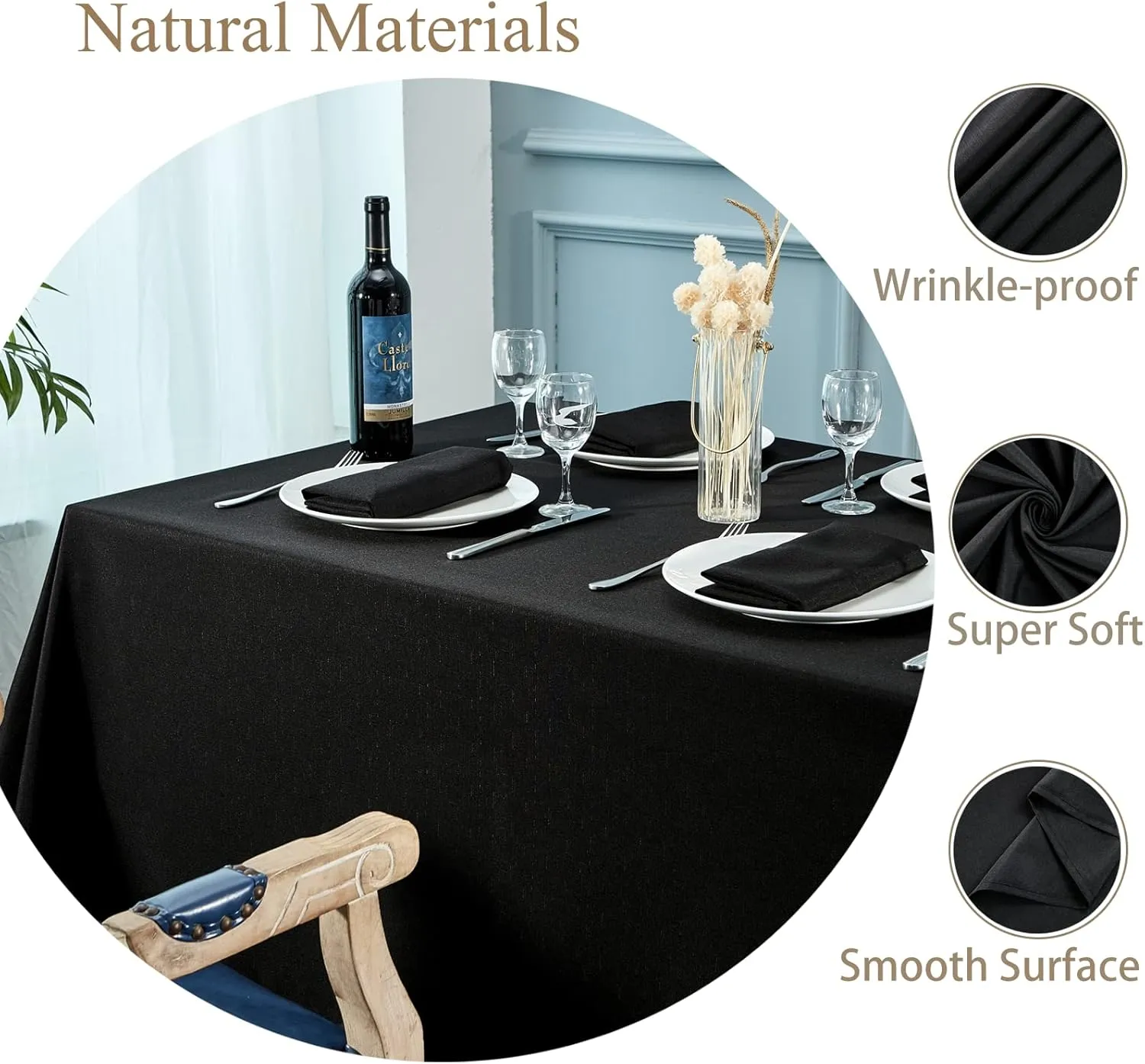 Mebakuk Rectangle Table Cloth Linen Farmhouse Tablecloth Waterproof Anti-Shrink Soft and Wrinkle Resistant Decorative Fabric Table Cover for Kitchen (Black, 60" x 84" (6-8 Seats))