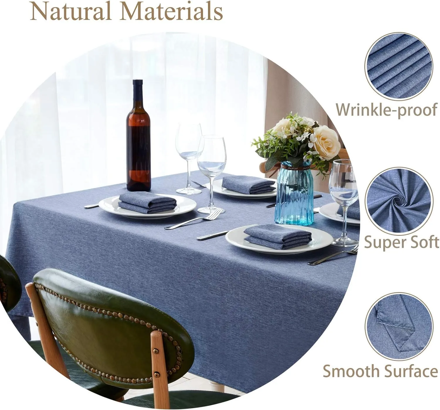 Mebakuk Rectangle Table Cloth Linen Farmhouse Tablecloth Waterproof Anti-Shrink Soft and Wrinkle Resistant Decorative Fabric Table Cover for Kitchen (Denim Blue, 60" x 84" (6-8 Seats))