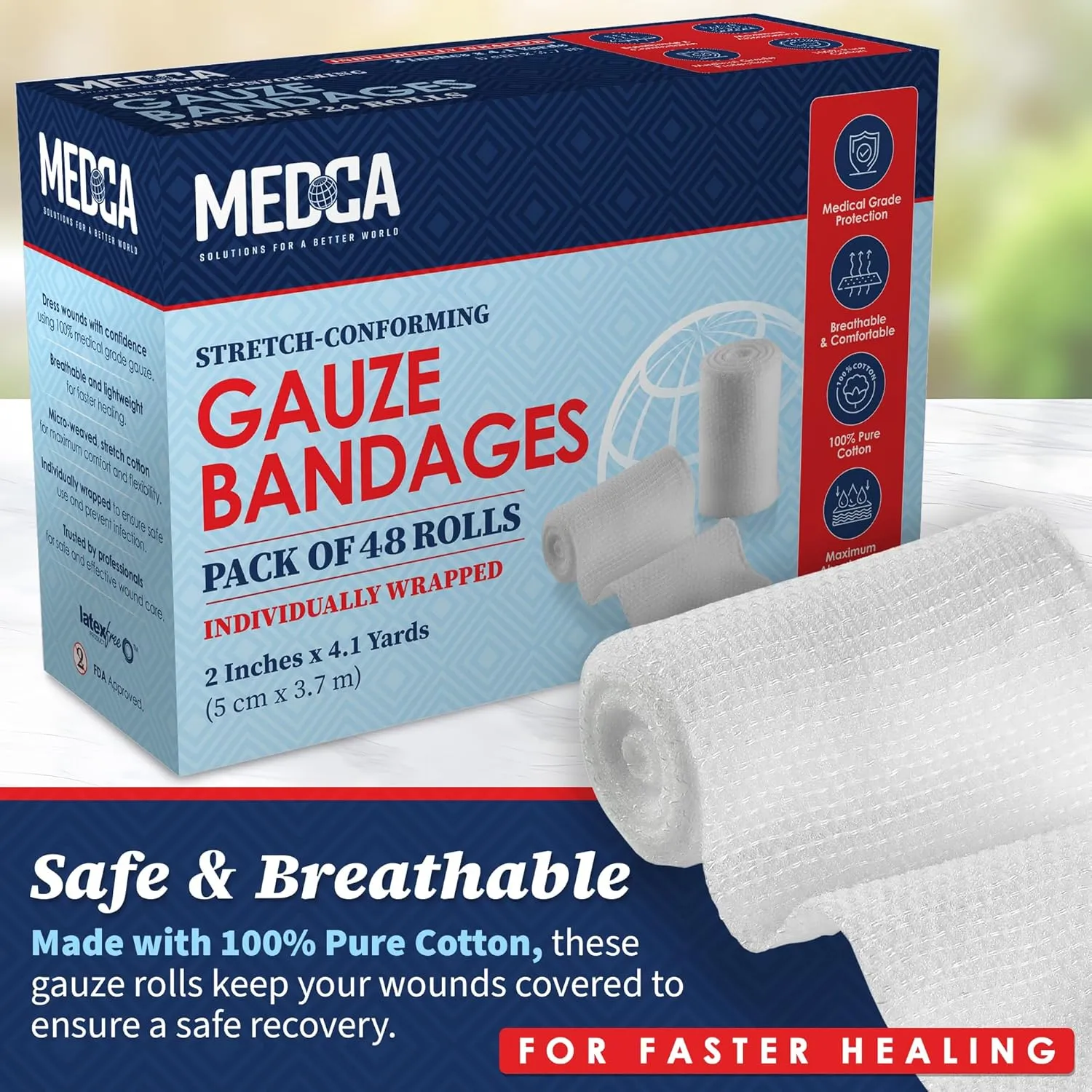 MEDca Gauze Bandage Rolls - 48 Pack, 2-Inch x 4.1 Yards, Medical Grade Gauze and Stretch Bandage for Wound Dressing and First Aid Kit