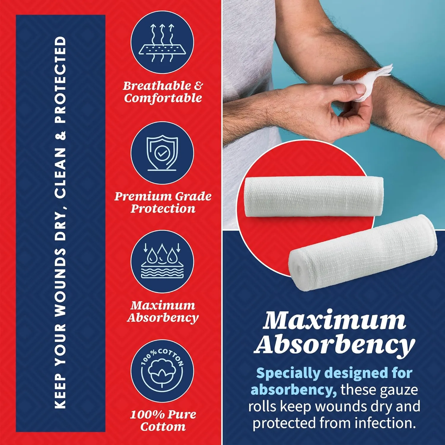 MEDca Gauze Bandage Rolls - 48 Pack, 4 in x 4.1 Yards, Medical Grade Gauze and Stretch Bandage for Wound Dressing and First Aid Kit