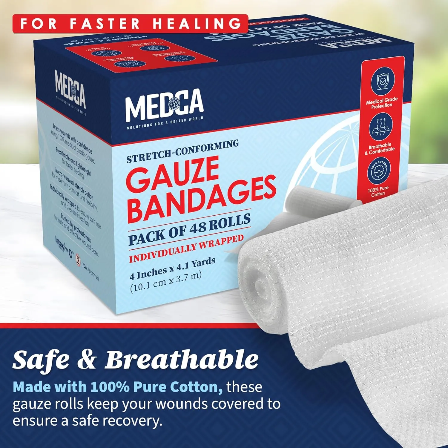 MEDca Gauze Bandage Rolls - 48 Pack, 4 in x 4.1 Yards, Medical Grade Gauze and Stretch Bandage for Wound Dressing and First Aid Kit
