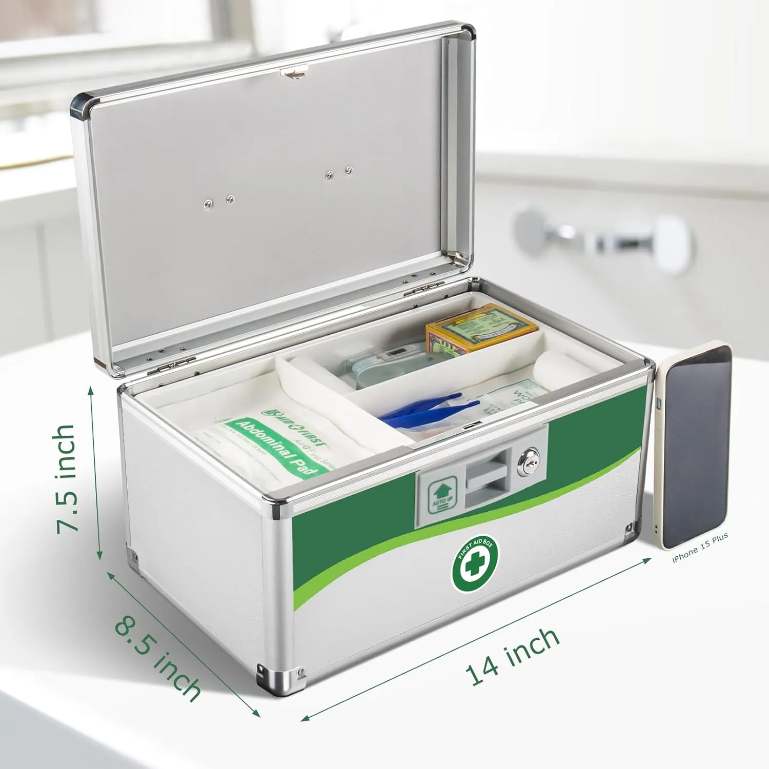 Medicine Lock Box, First Aid Safe Medication Storage Box, Layered Aluminum Daily Medicine Lockable Box with Key 14 * 8.46 * 7.48 Inch (Large)
