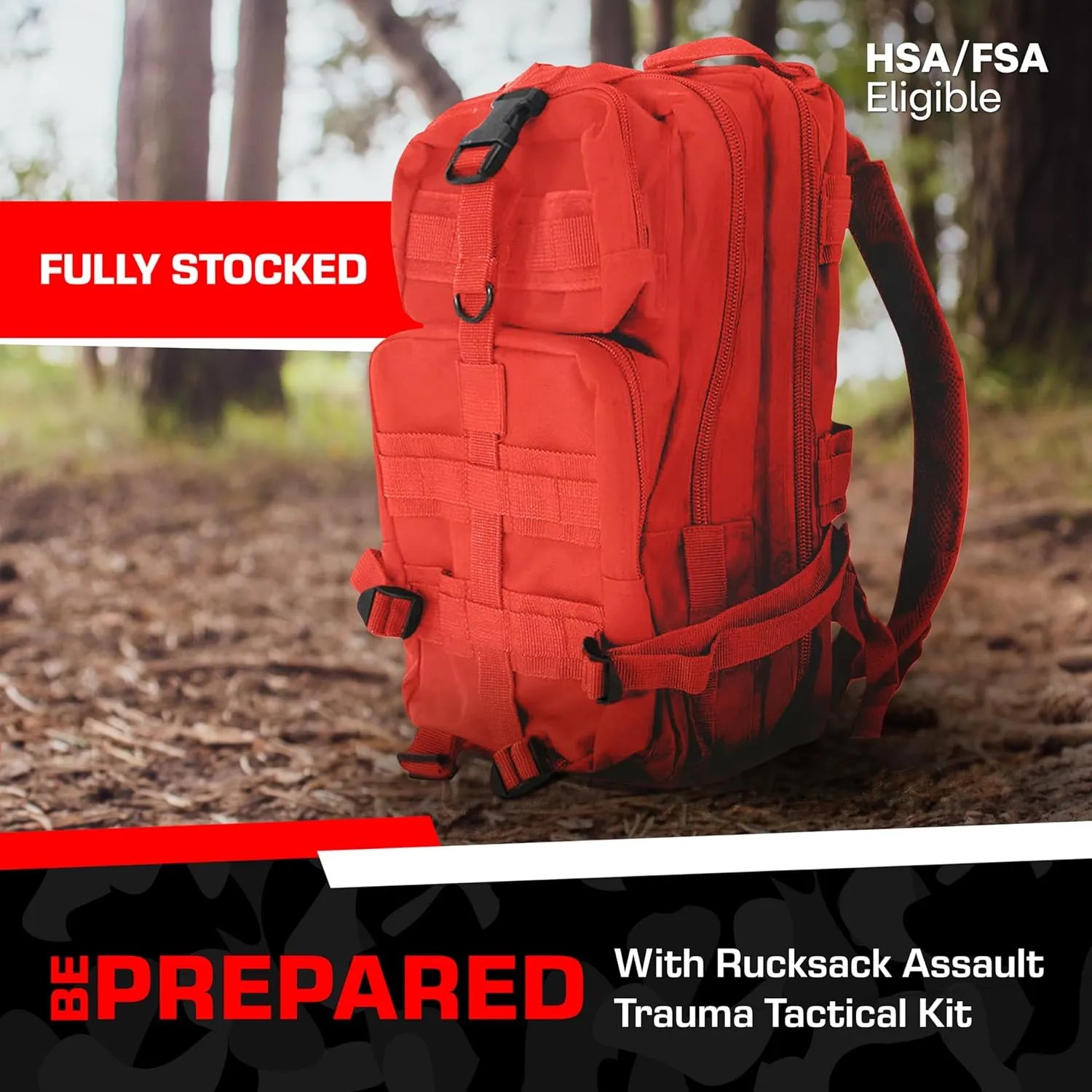 MediTac Rucksack Assault Trauma Tactical Kit Feat. SOF Tourniquet, Chest Seals, Clotting Gauze – Red – FSA/HSA Eligible