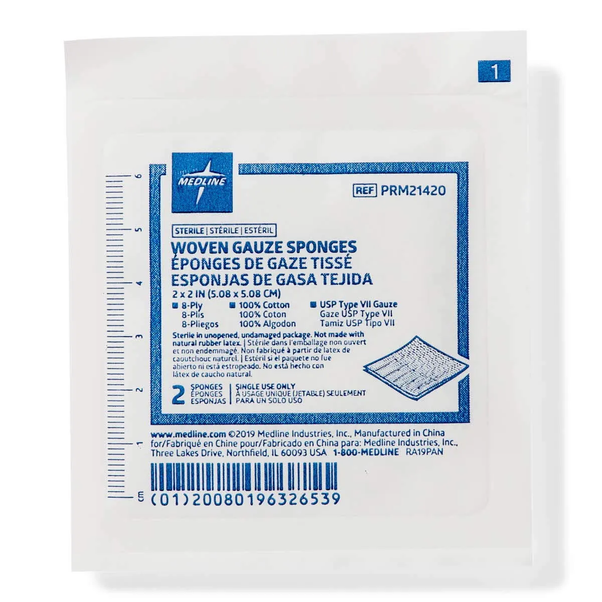 Medline Sterile Woven 8-Ply Gauze Sponges, USP Type VII, 2" x 2", Perfect for Wound Care, in 2/Packs, Pack of 1500