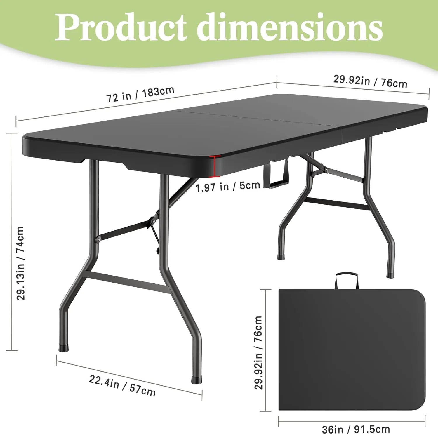 MEI&CO 6ft Heavy-Duty Outdoor Folding Table for 6 - Sturdy HDPE Top, 350lbs Capacity, Foldable Lockable Design, No Assembly - Camping Parties Picnics (Black)