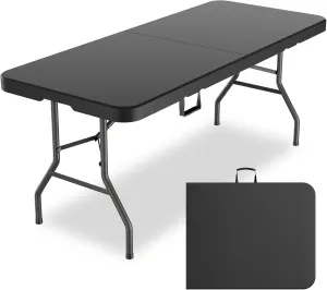 MEI&CO 6ft Heavy-Duty Outdoor Folding Table for 6 - Sturdy HDPE Top, 350lbs Capacity, Foldable Lockable Design, No Assembly - Camping Parties Picnics (Black)