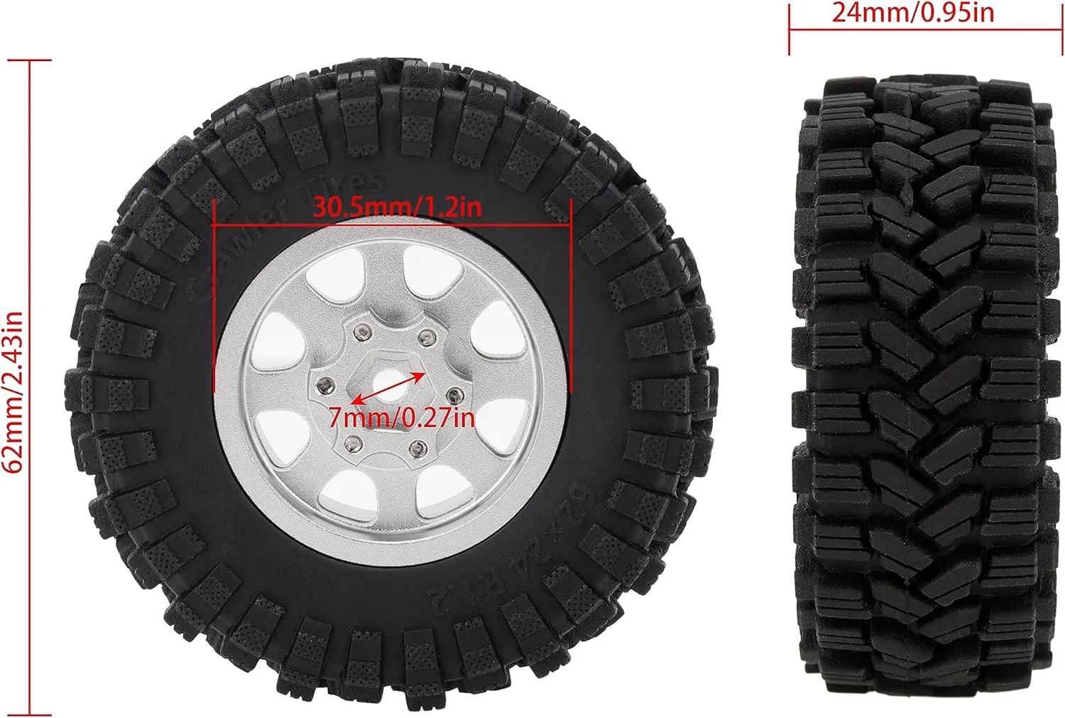 MEUS RACING 1.2 Beadlock Wheels Tires Set Brass Rim for TRX4M SCX24 FCX24 AX24 1/24 1/18 RC Crawler Car, Negative 4mm 42g (Silver Model C)