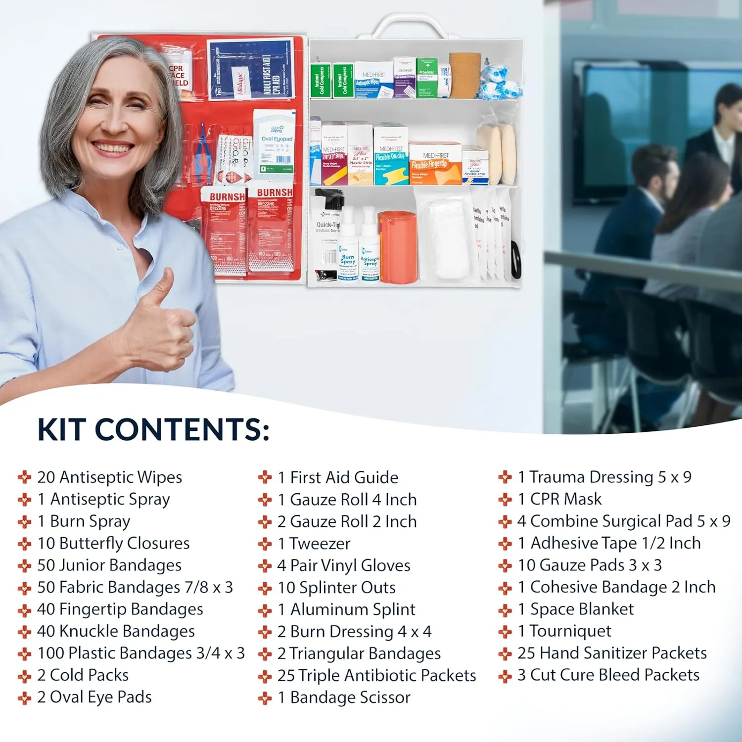 MFASCO OSHA/ANSI 2021 Class B Compliant First Aid Cabinet - Large 3-Shelf Wall Mount Kit for Office, Commercial Businesses - Complete Metal First Aid Box with Supplies - No Medications