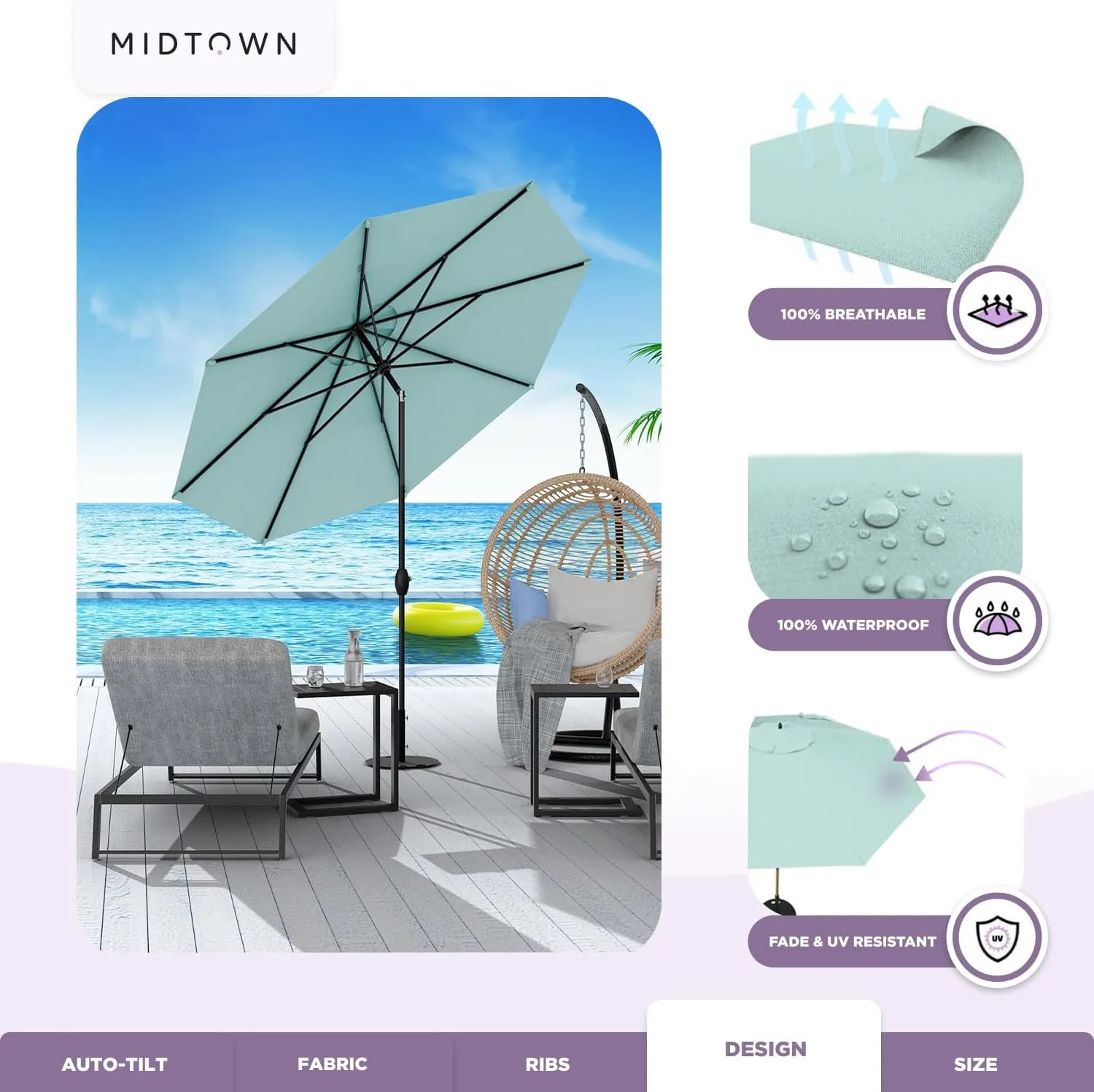 Midtown Umbrellas The Lean Outdoor Umbrella With Terylast Polyester Fabric - 8 Ribs Aluminum Frame Patio Umbrella With Zinc Alloy Crank Lift And Auto-Tilt System