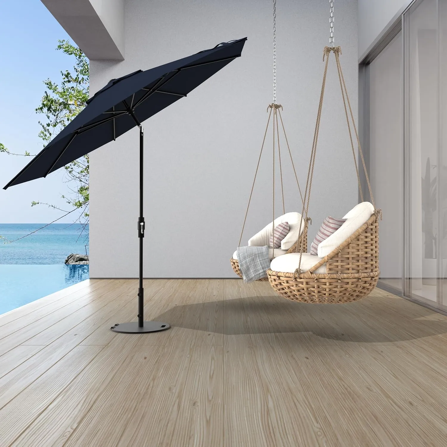 Midtown Umbrellas The Swilt 9 Feet Patio Umbrella in Sunbrella Canvas Navy Acrylic Fabric - Fiberglass Ribs, Auto-Tilt Aluminum Frame For Backyard, Deck, Garden, Pool - Black Pole