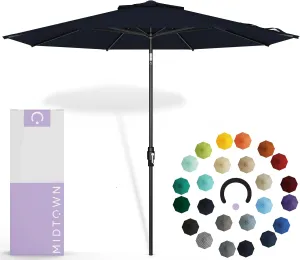Midtown Umbrellas The Swilt 9 Feet Patio Umbrella in Sunbrella Canvas Navy Acrylic Fabric - Fiberglass Ribs, Auto-Tilt Aluminum Frame For Backyard, Deck, Garden, Pool - Black Pole