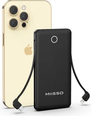 miisso 10000mAh Slim Portable Charger with Built in Cable, Power Bank Travel Charger External Battery Pack for Phone, 4 Output USB Type C Cord Clutch Charger Compatible with iPhone, Black