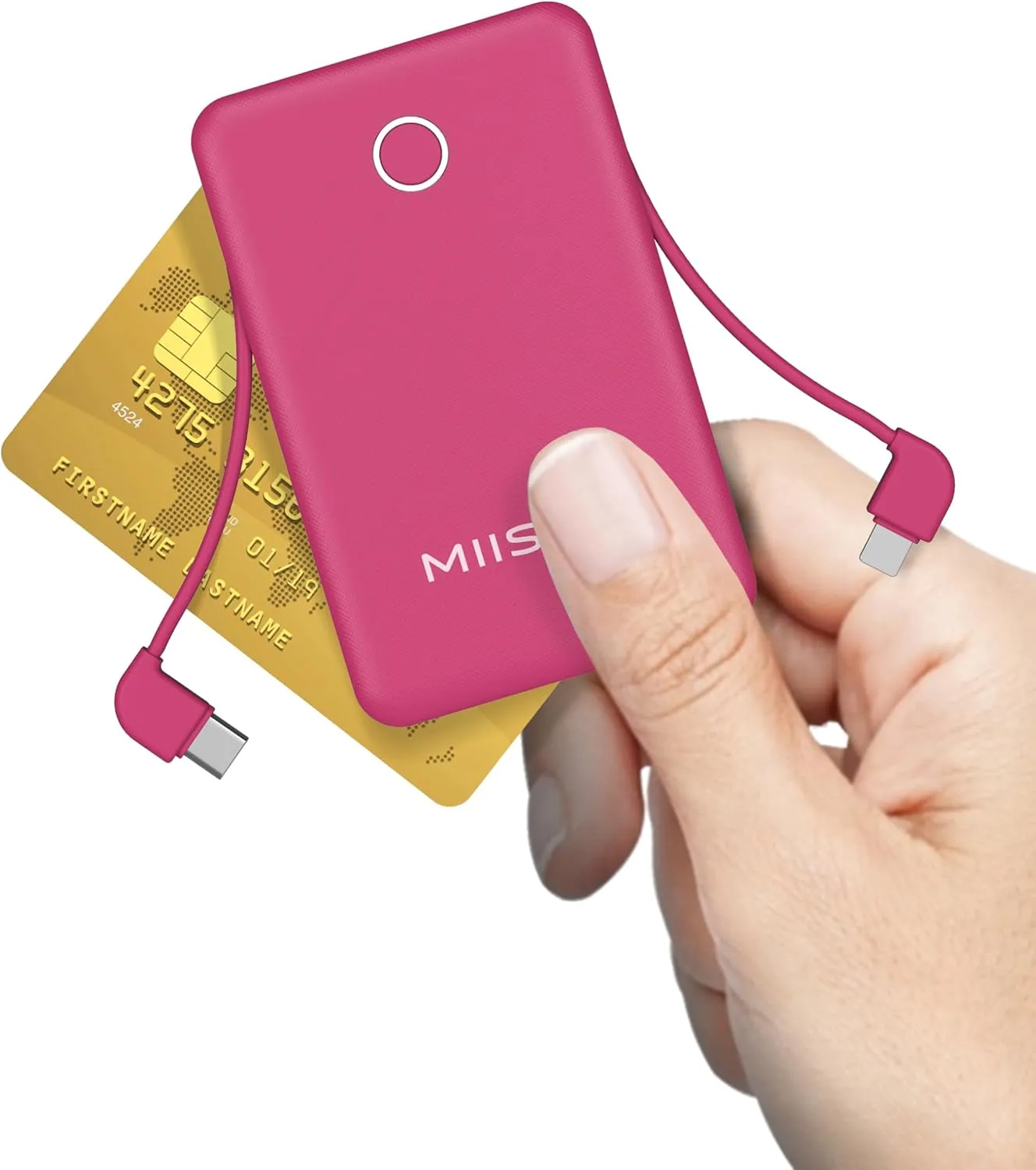 miisso 6000mah Ultra Slim Built in Cables Power Bank, Card Size Built in USB C Cords Battery Pack Portable Charger for Phones, 3 Output External Battery Pack Compatible with iPhone, Samsung, Plum Red