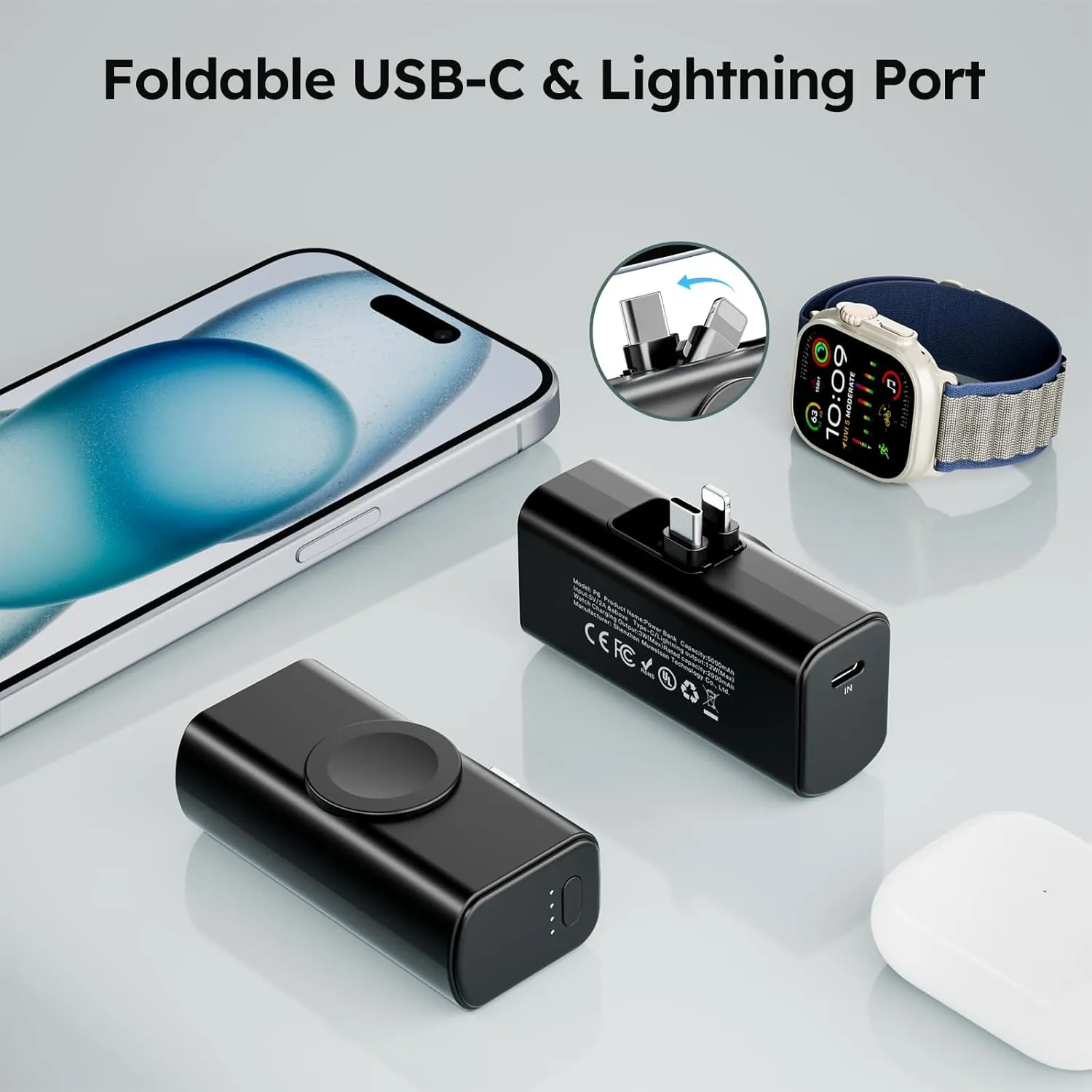 Mini Portable Charger 5000mAh, Magnetic Small Power Bank for Apple Watch, Fast Charging Battery Pack with Built in Foldable USB Connectors for iPhone 16 Pro Max/1514/13 Mini/AirPods(Black)