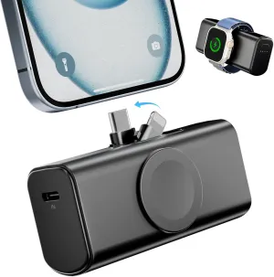Mini Portable Charger 5000mAh, Magnetic Small Power Bank for Apple Watch, Fast Charging Battery Pack with Built in Foldable USB Connectors for iPhone 16 Pro Max/1514/13 Mini/AirPods(Black)