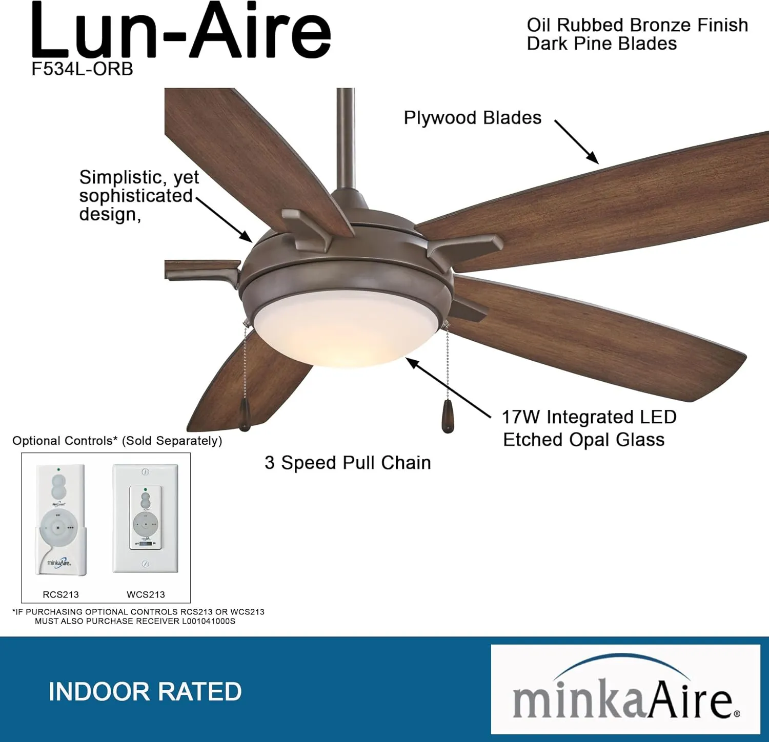 Minka-Aire F534L-ORB Lun-Aire With Light 54 Inch Ceiling Fan with Integrated 17W LED Light in Oil Rubbed Bronze Finish