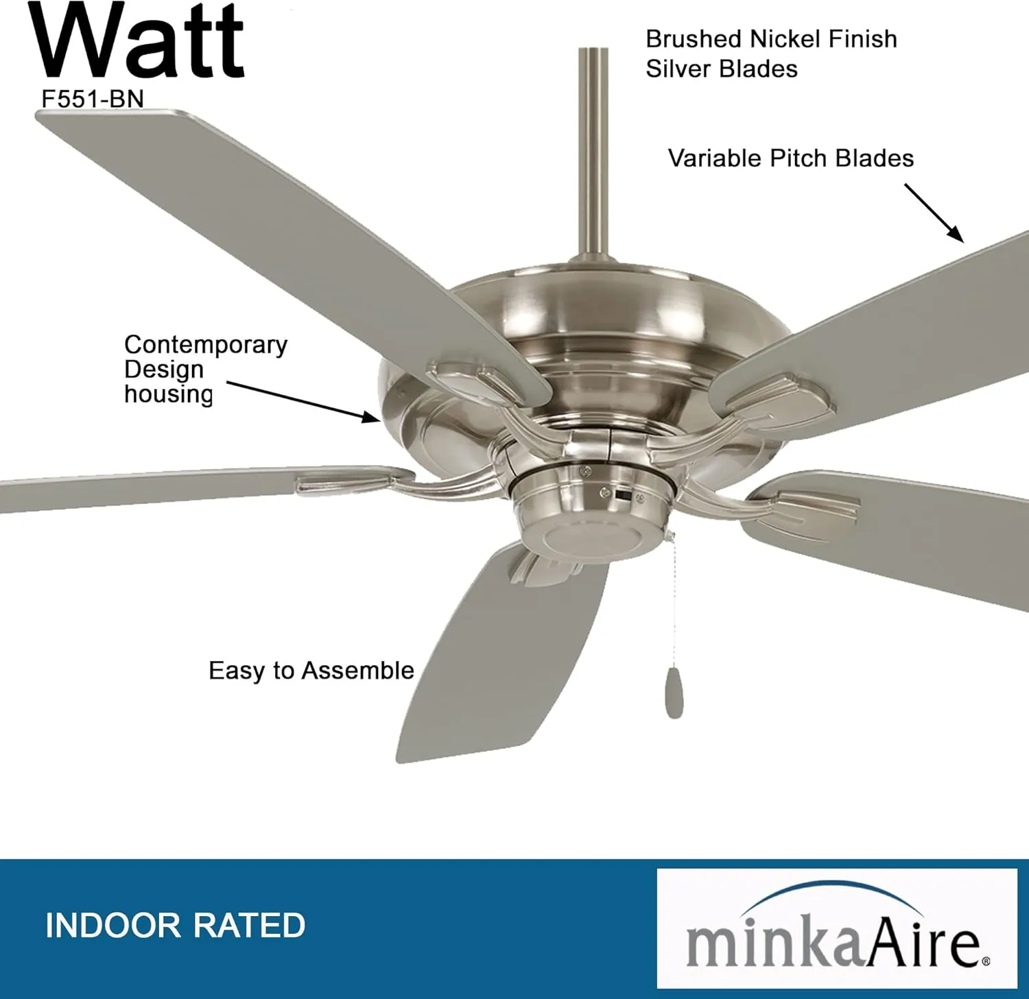 MINKA-AIRE F551-BN Watt 60 Inch Energy Star Rated Ceiling Fan with DC Motor and 4 Speed Pull Chain in Brushed Nickel Finish