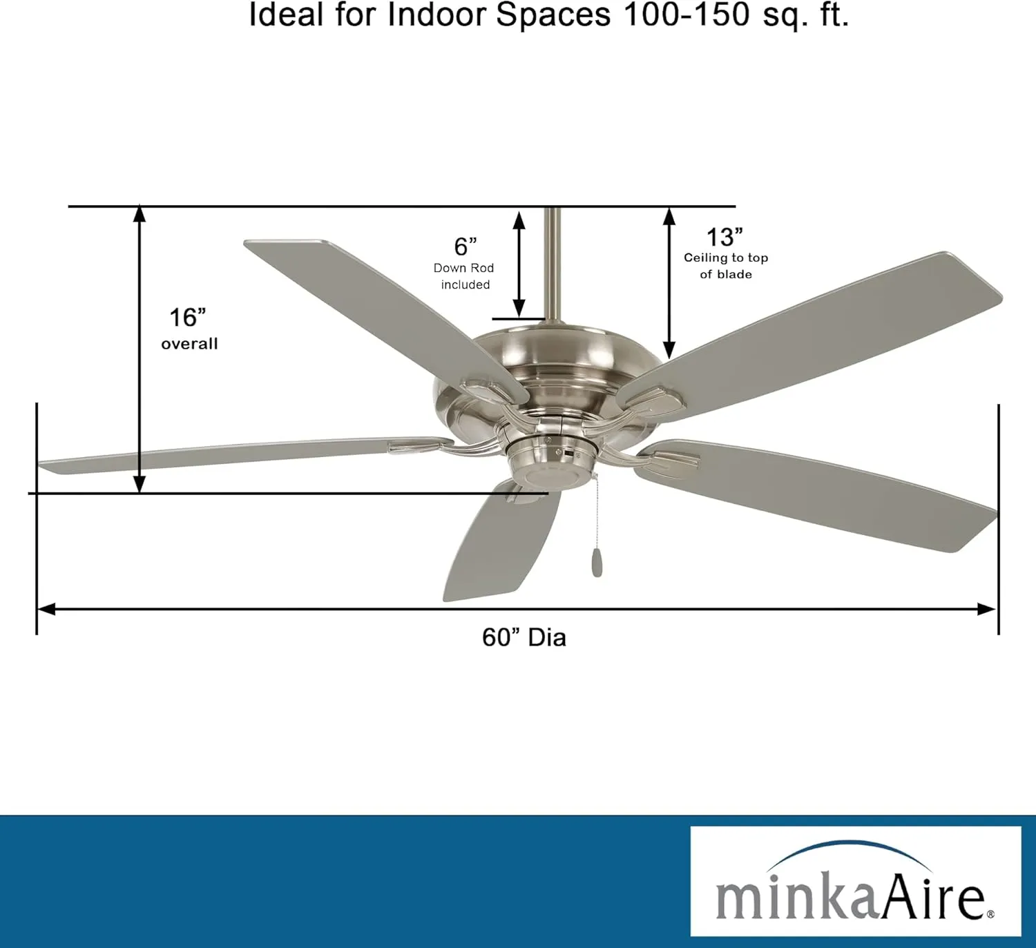 MINKA-AIRE F551-BN Watt 60 Inch Energy Star Rated Ceiling Fan with DC Motor and 4 Speed Pull Chain in Brushed Nickel Finish