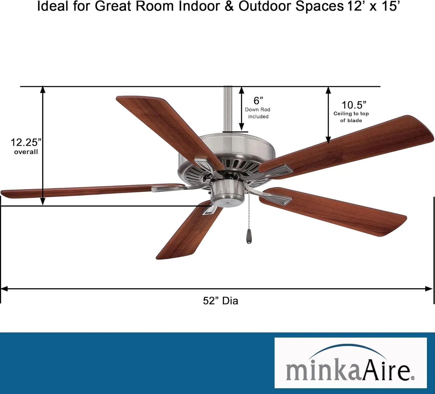 Minka-Aire F556-BN/DW Contractor Plus 52 Inch Pull Chain Ceiling Fan in Brushed Nickel Finish with Reversible Medium Maple/ Dark Walnut Blades