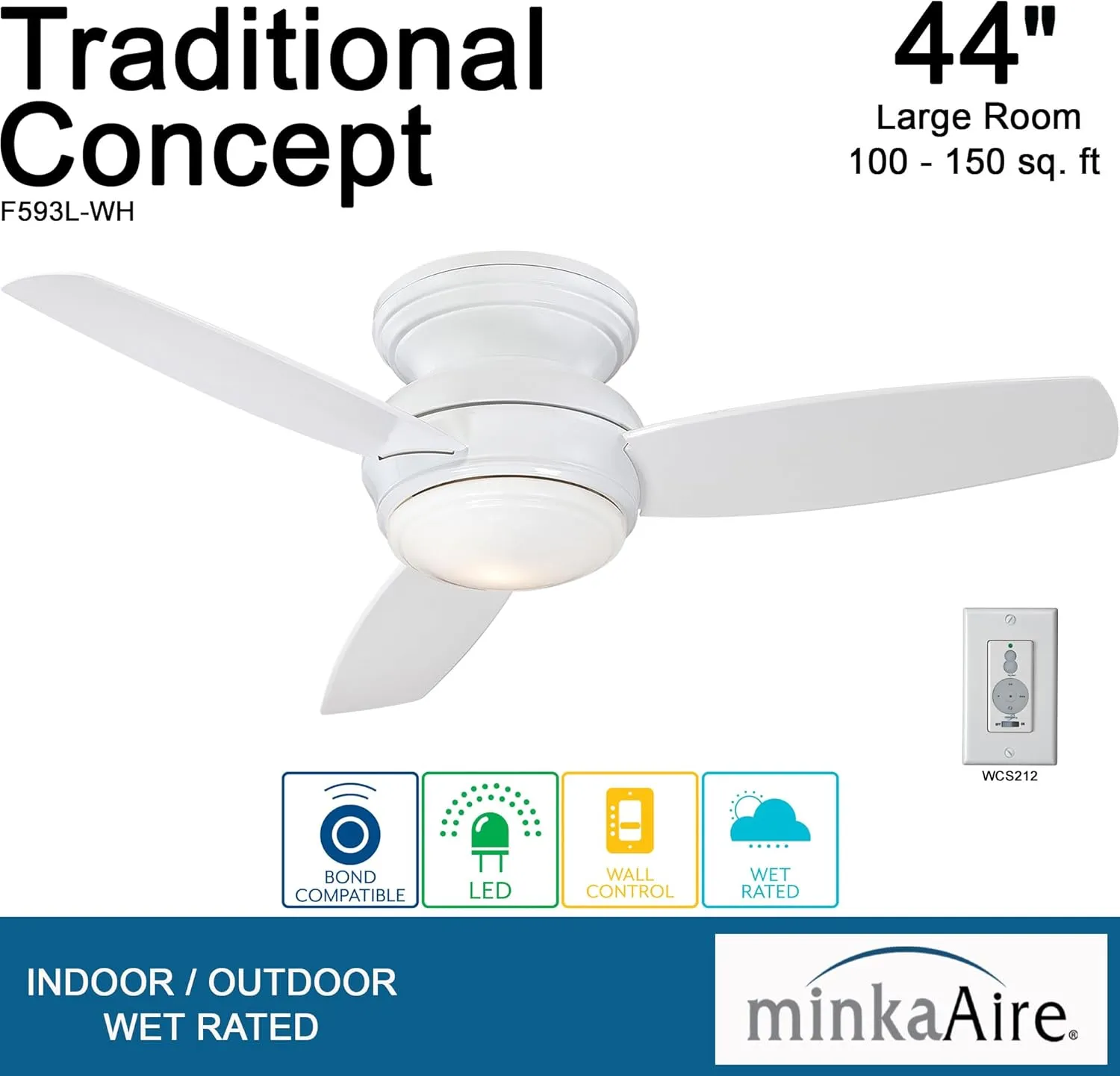 Minka-Aire F593L-WH Traditional Concept LED 44" 3-Blade Ceiling Fan and Wall Control, White (LED Light)