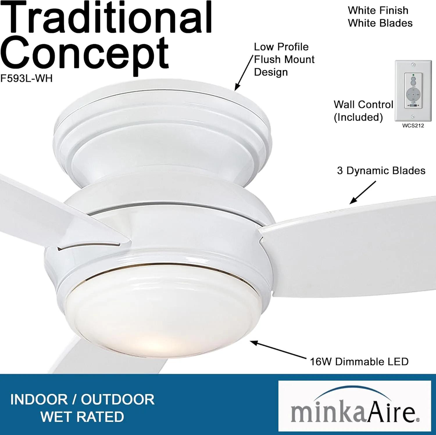 Minka-Aire F593L-WH Traditional Concept LED 44" 3-Blade Ceiling Fan and Wall Control, White (LED Light)