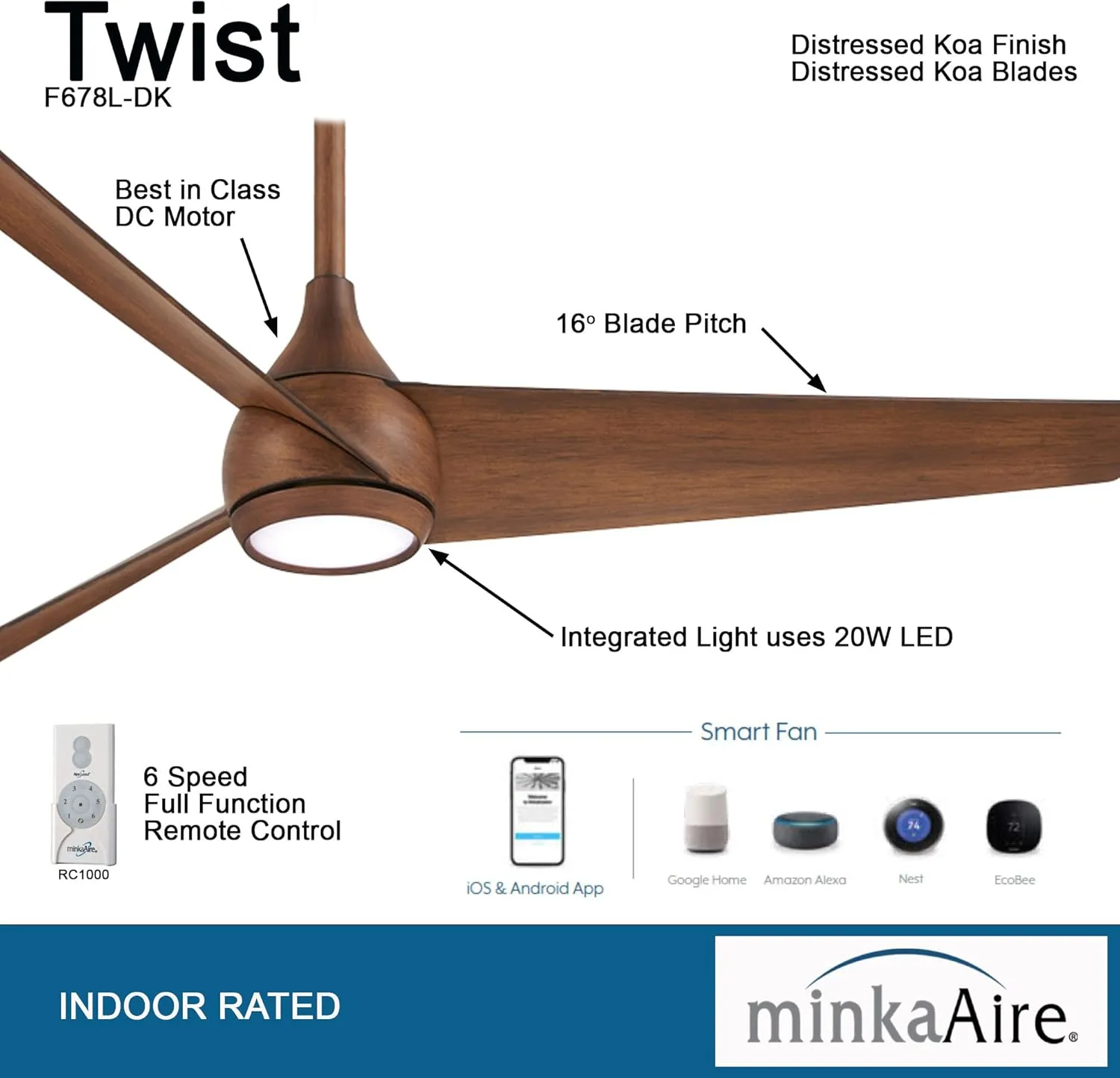 MINKA-AIRE F678L-DK Twist 52" Ceiling Fan with LED Lights and Remote Control, Distressed Koa