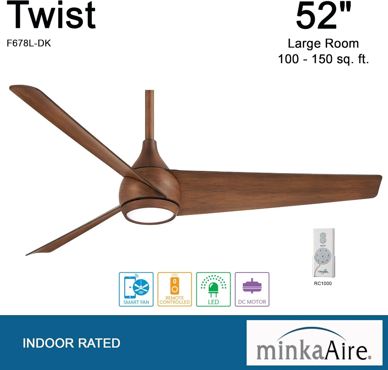 MINKA-AIRE F678L-DK Twist 52" Ceiling Fan with LED Lights and Remote Control, Distressed Koa