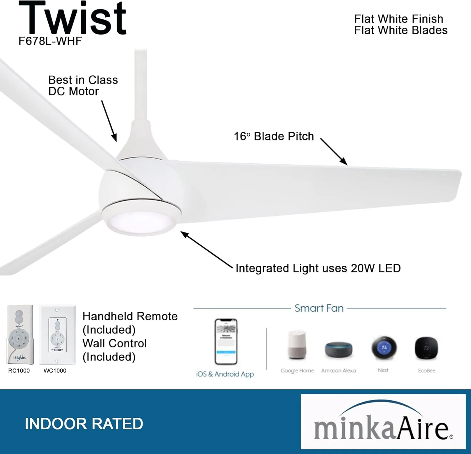 MINKA-AIRE F678L-WH Twist 52" Ceiling Fan with LED Lights and Remote Control, White, with Additional Wall Control