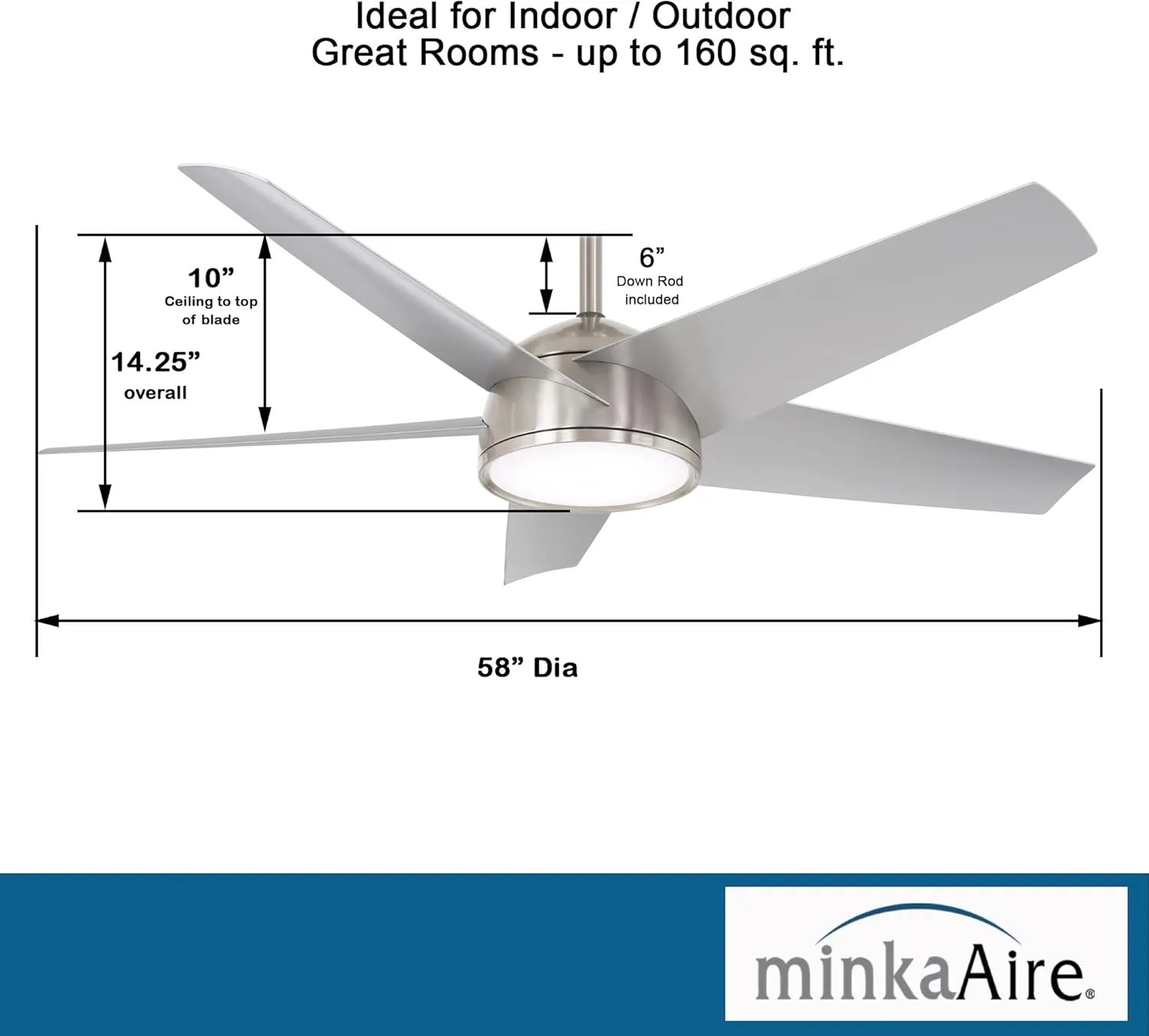 Minka Aire F781L-BNW Chubby 58" Outdoor Ceiling Fan with LED Lights and Remote Control, Brushed Nickel Wet