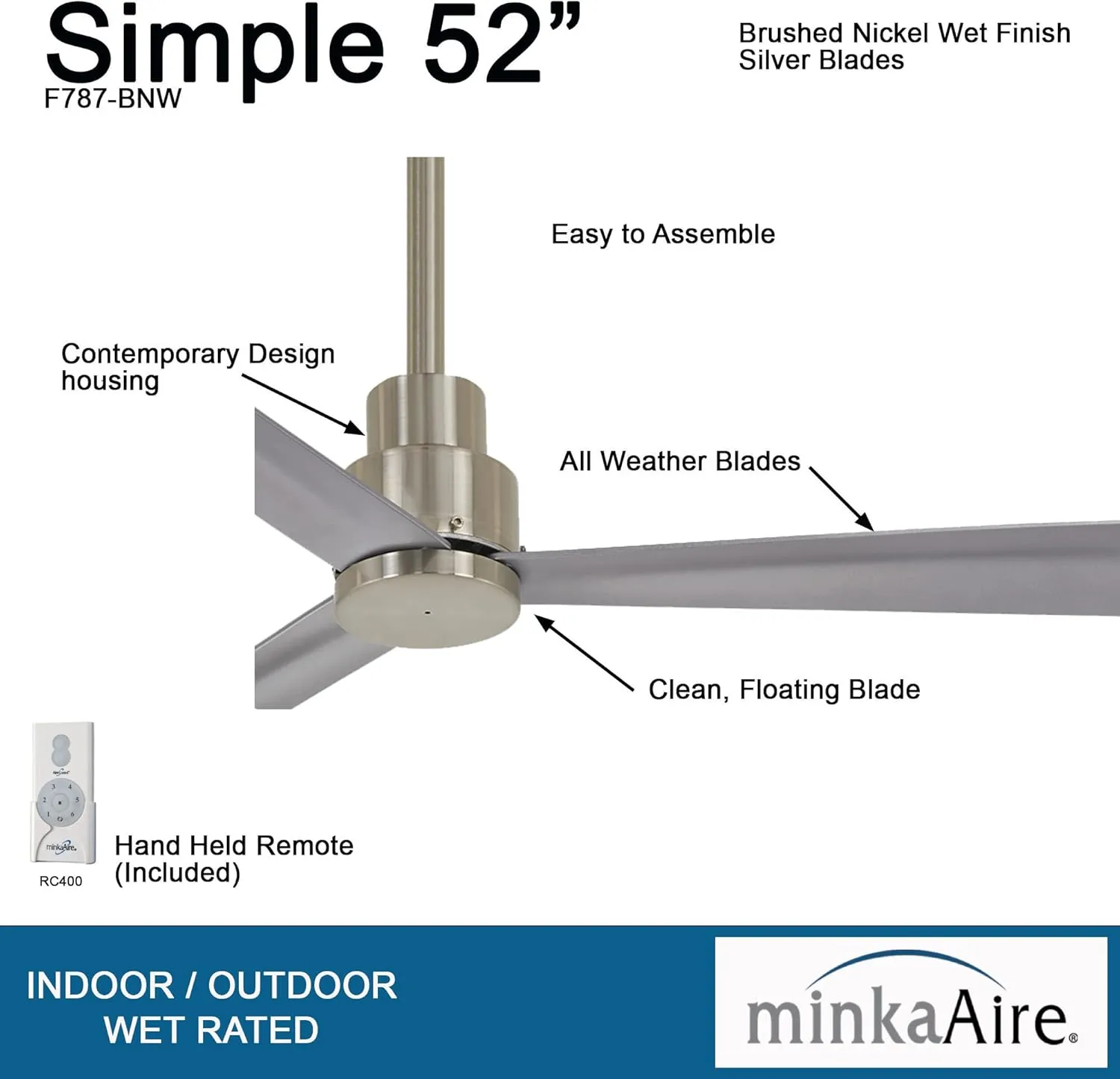 MINKA-AIRE F787 Simple 52 Inch Outdoor 3 Blade Ceiling Fan with DC Motor (Brushed Nickel Wet)