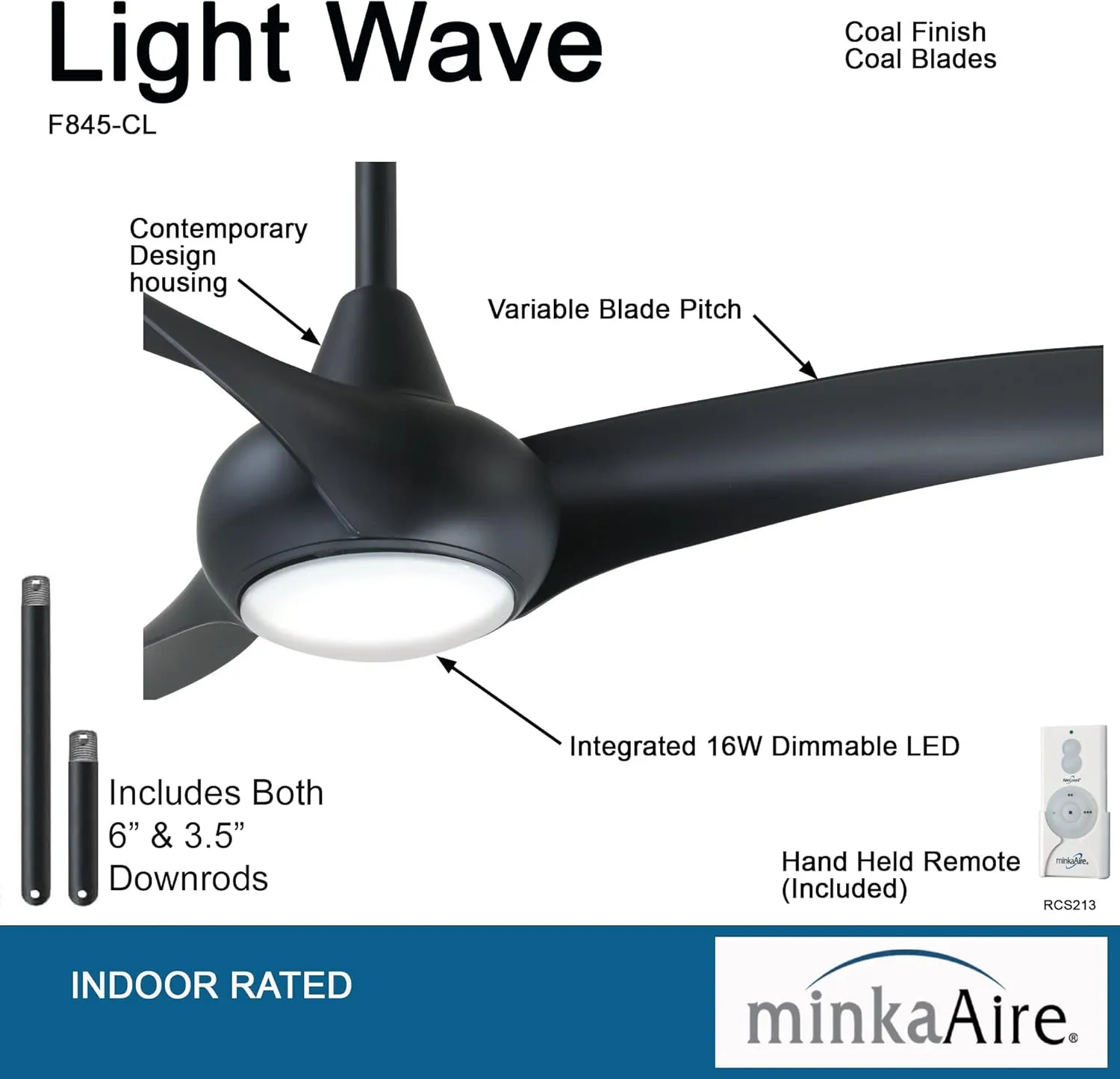 MINKA-AIRE F845-CL Light Wave LED 44" Black Low Profile Ceiling Fan with Light, Remote Control and 3.5 Inch Downrod