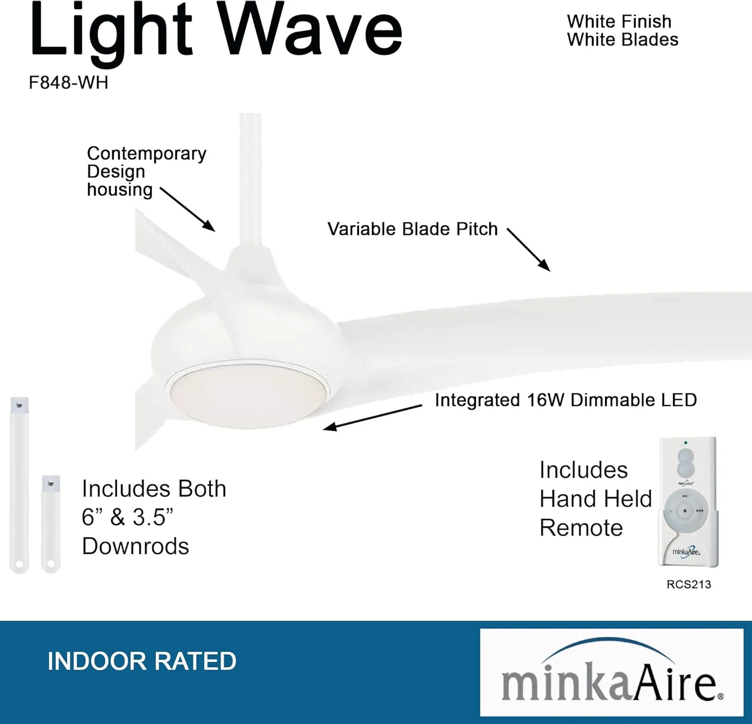MINKA-AIRE F848-WH Light Wave 65" Ceiling Fan, White Finish with Remote and Additional 3.5" Downrod