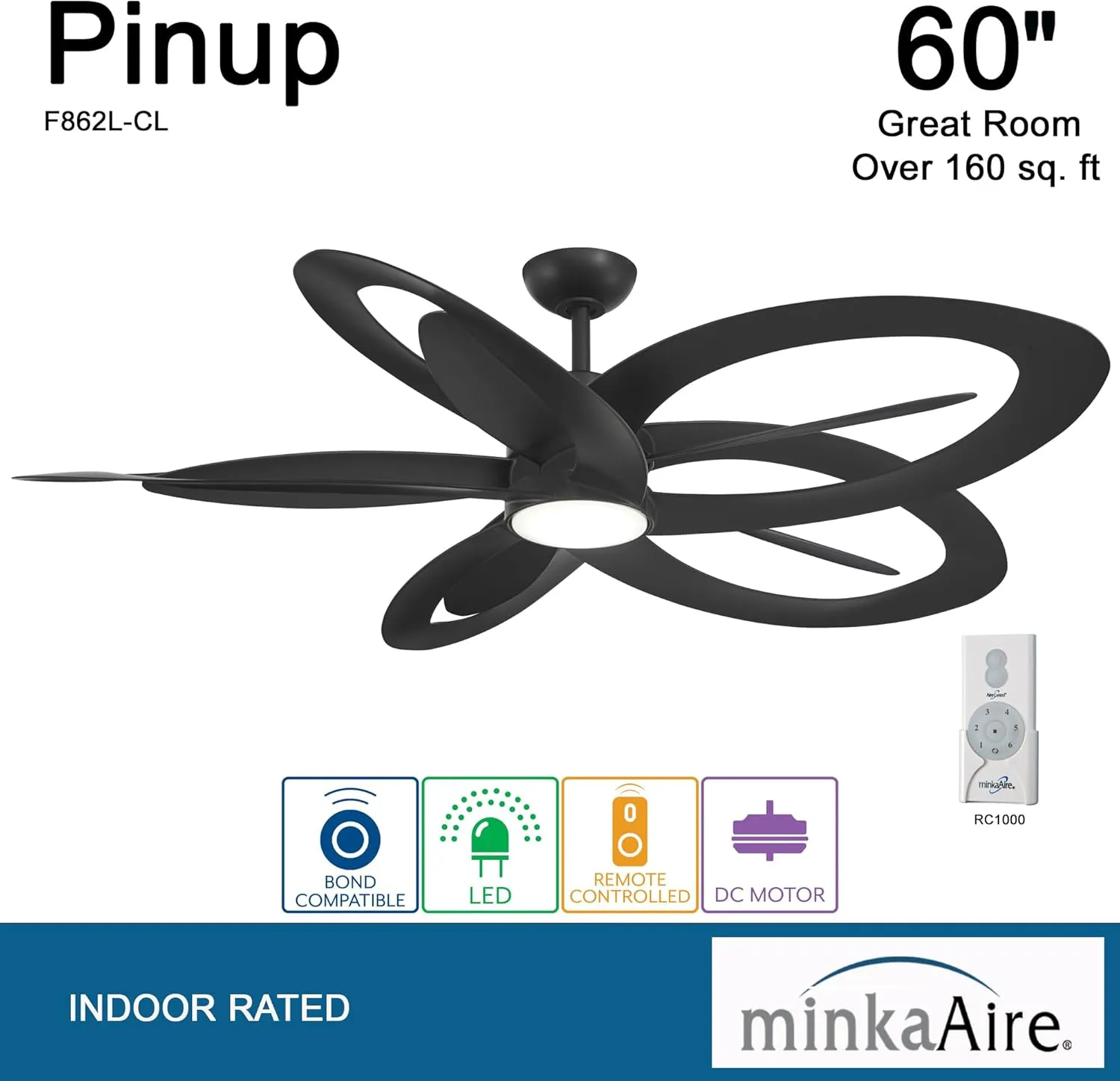 Minka Aire F862L-CL Pinup 60" Ceiling Fan with LED Light and Remote Control in Coal Finish