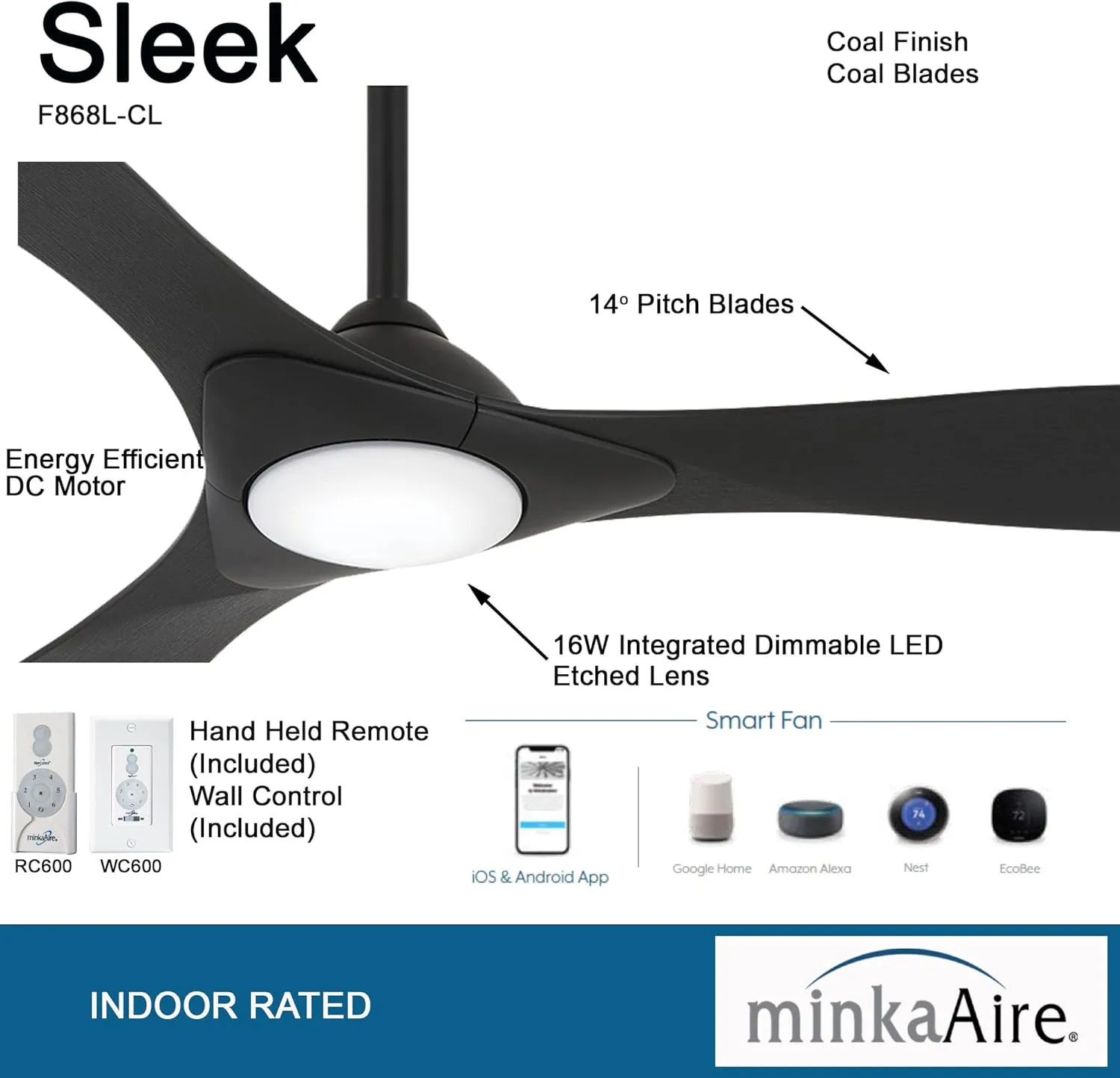 MINKA-AIRE F868L-CL/CL Sleek 60" Smart Ceiling Fan with LED Light in Coal Black finish, Remote, and Wall Control