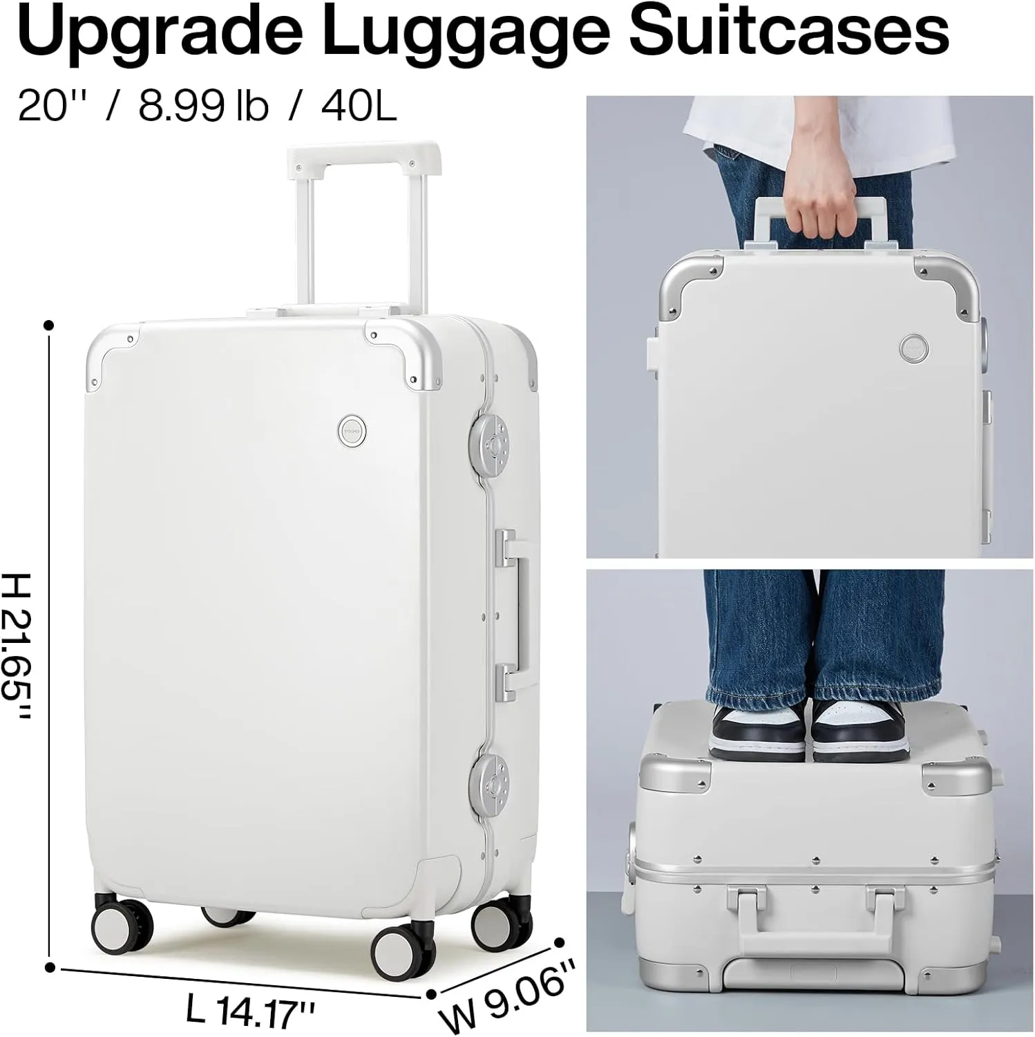 mixi Carry On Luggage 20'' Travel Suitcase Rolling Luggage Aluminum Frame PC Hardside with Spinner Wheels & TSA Lock - Smoke White