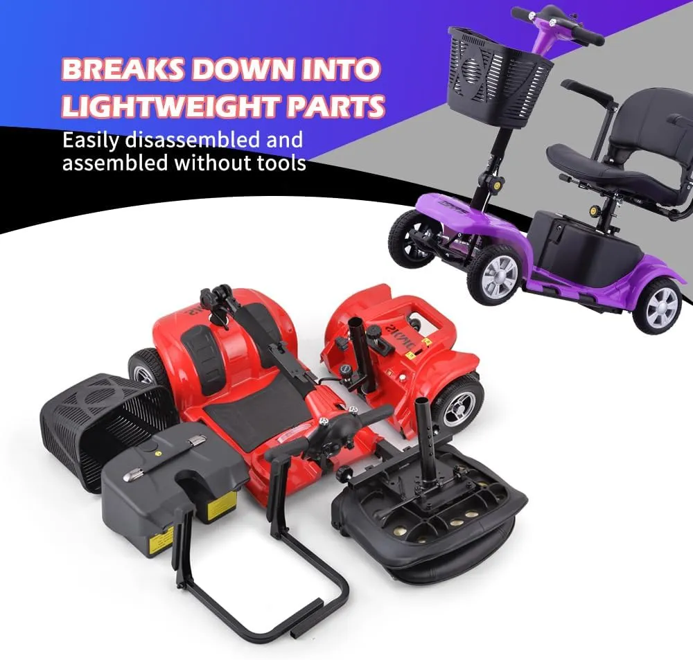 Mobility Scooter for Adults, Senior, Skmc 4 Wheels Electric Powered Chargeable Device for Travel, Lightweight and Portable, with LED Headlights and Basket, Charger Included, Red/Blue (Purple)