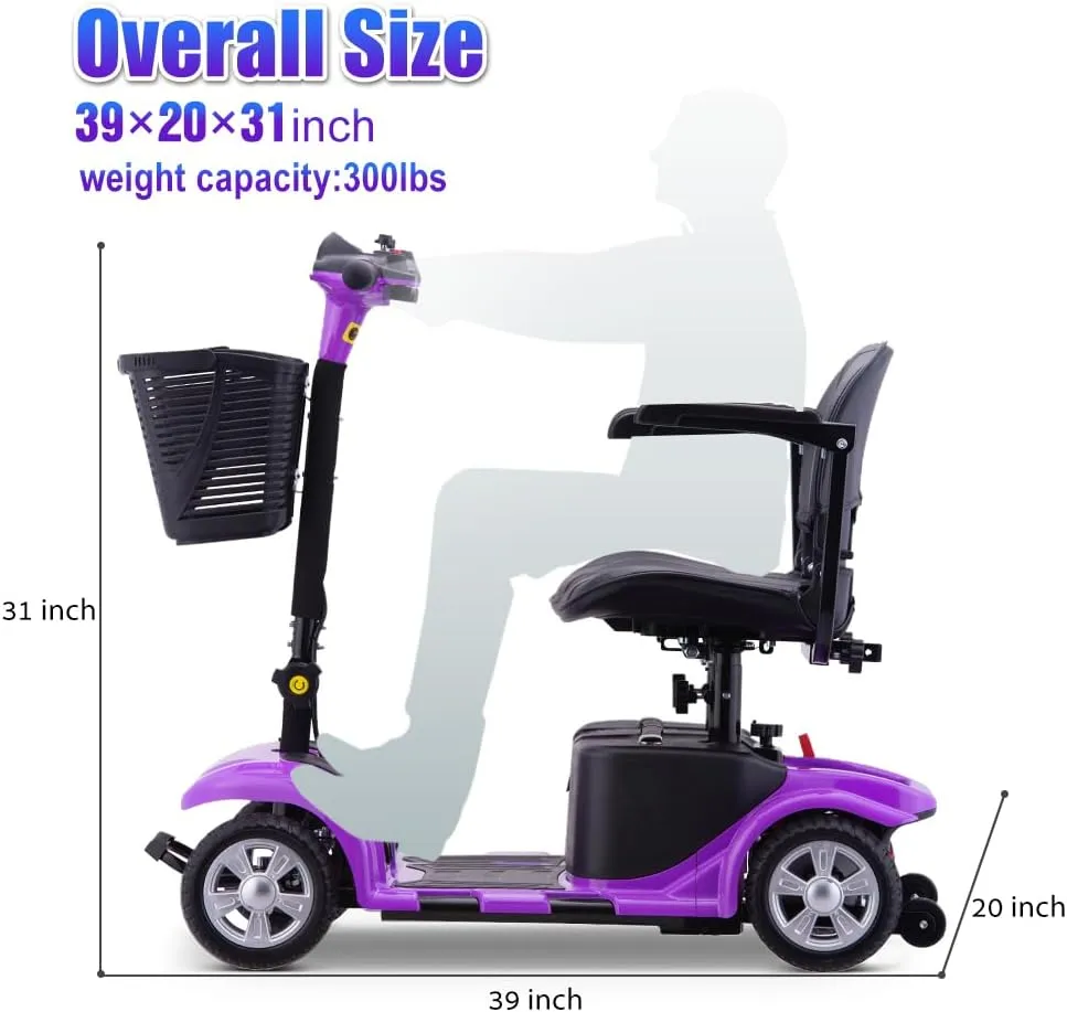 Mobility Scooter for Adults, Senior, Skmc 4 Wheels Electric Powered Chargeable Device for Travel, Lightweight and Portable, with LED Headlights and Basket, Charger Included, Red/Blue (Purple)