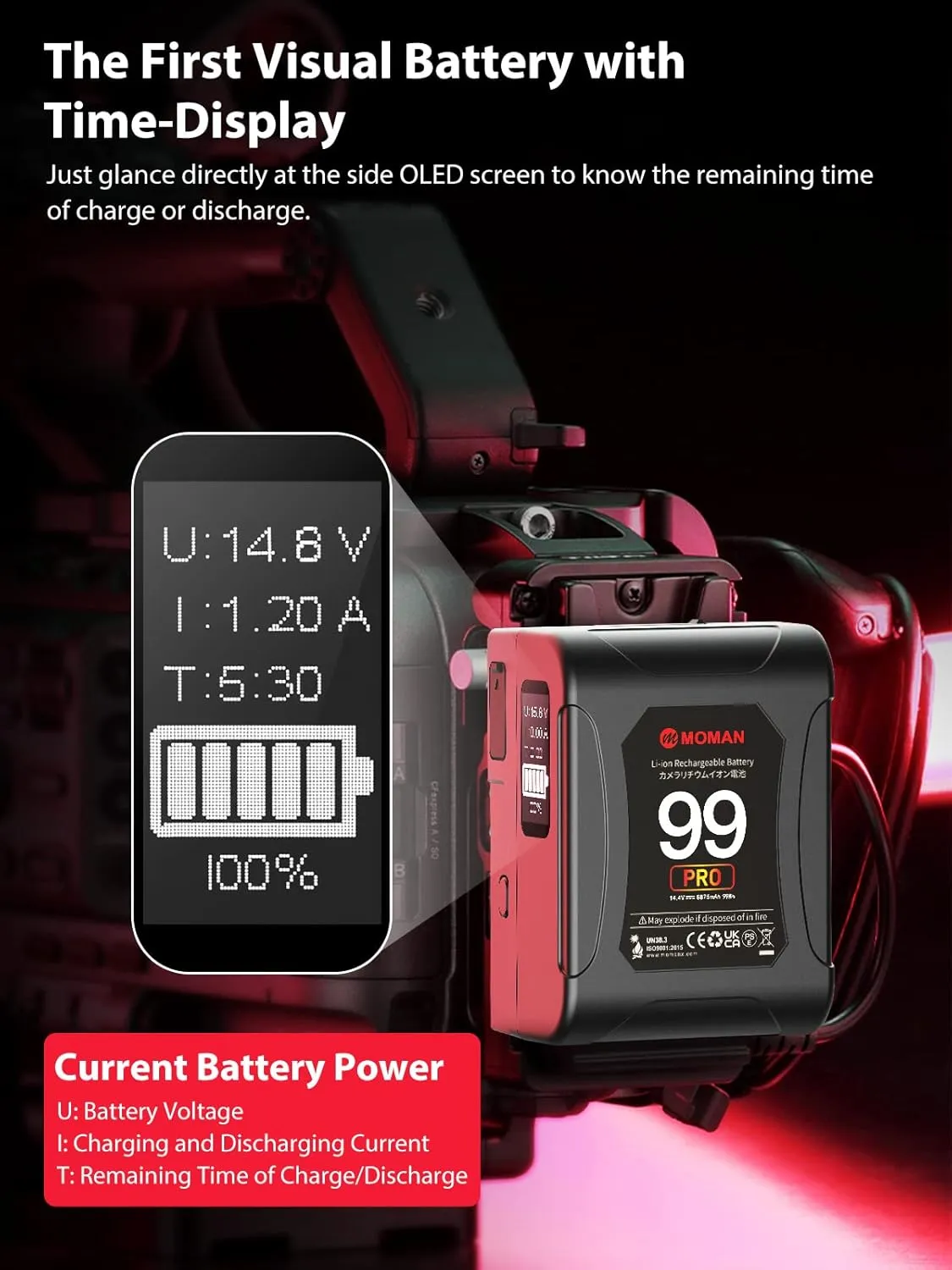 Moman V Mount Battery, Power 99 Pro V-Lock Portable Battery 99Wh/6875mAh with D-TAP/USB-C/A Output, Premier OLED with Time Display for BMPCC Camcorder, Mini-Batteries-V-Mount-Blackmagic