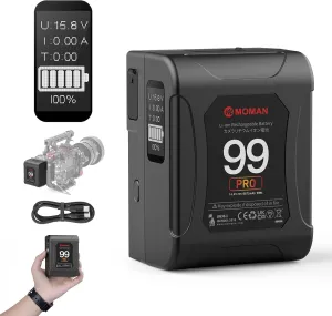 Moman V Mount Battery, Power 99 Pro V-Lock Portable Battery 99Wh/6875mAh with D-TAP/USB-C/A Output, Premier OLED with Time Display for BMPCC Camcorder, Mini-Batteries-V-Mount-Blackmagic