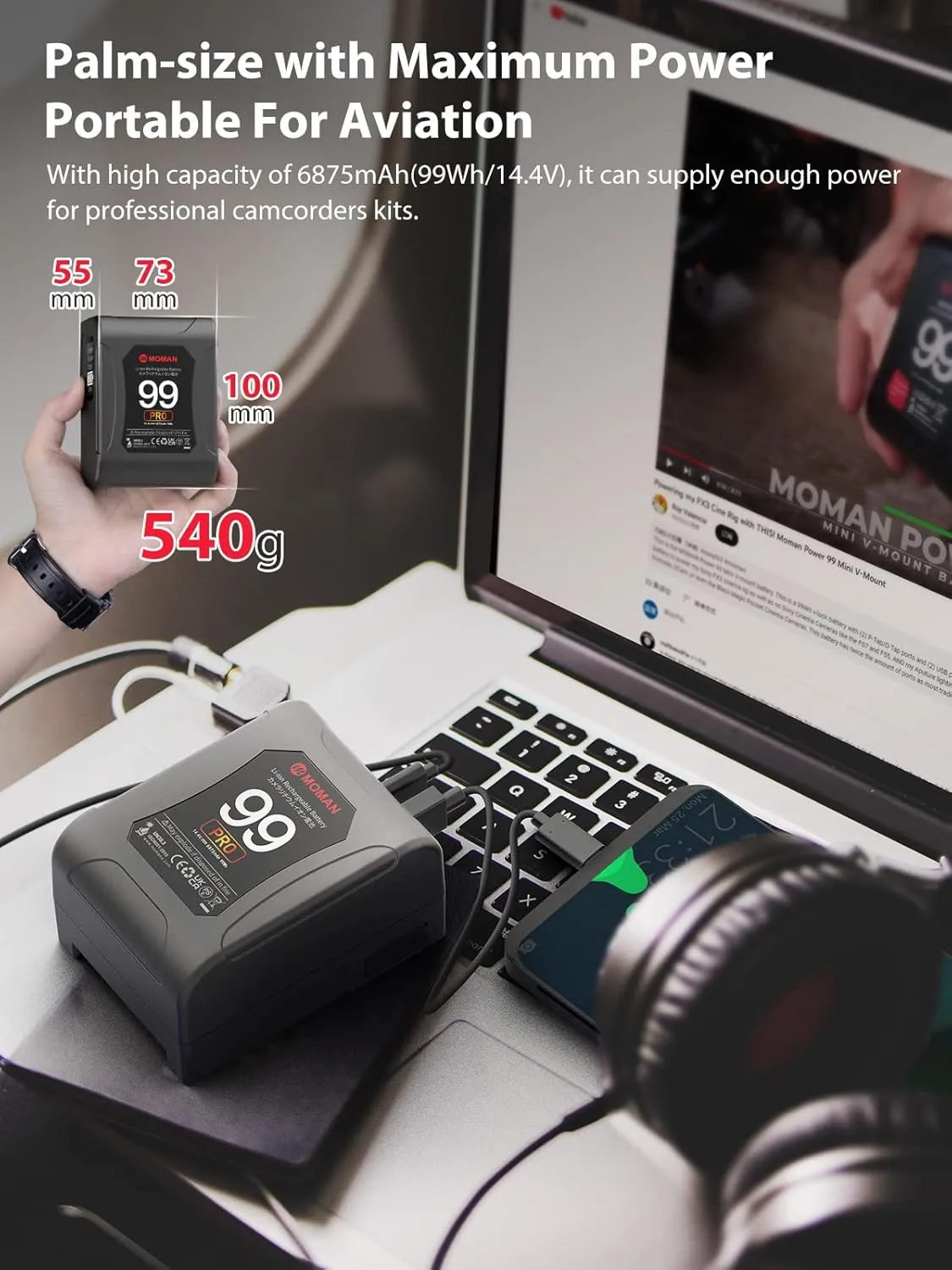 Moman V Mount Battery, Power 99 Pro V-Lock Portable Battery 99Wh/6875mAh with D-TAP/USB-C/A Output, Premier OLED with Time Display for BMPCC Camcorder, Mini-Batteries-V-Mount-Blackmagic